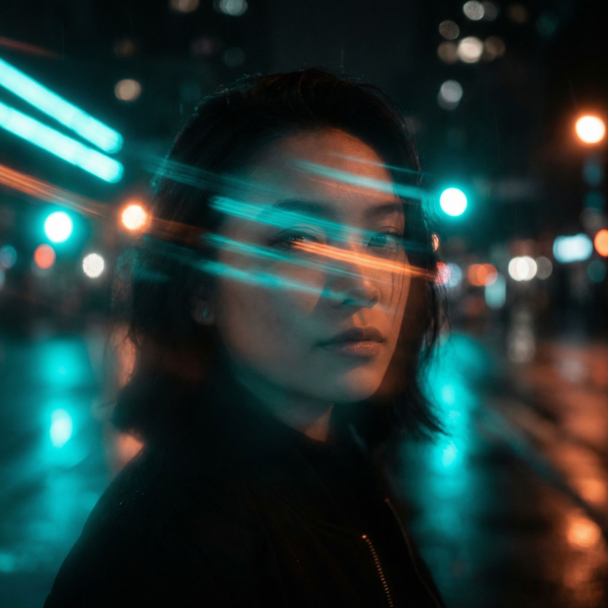 Woman in neon lights on rainy city street
