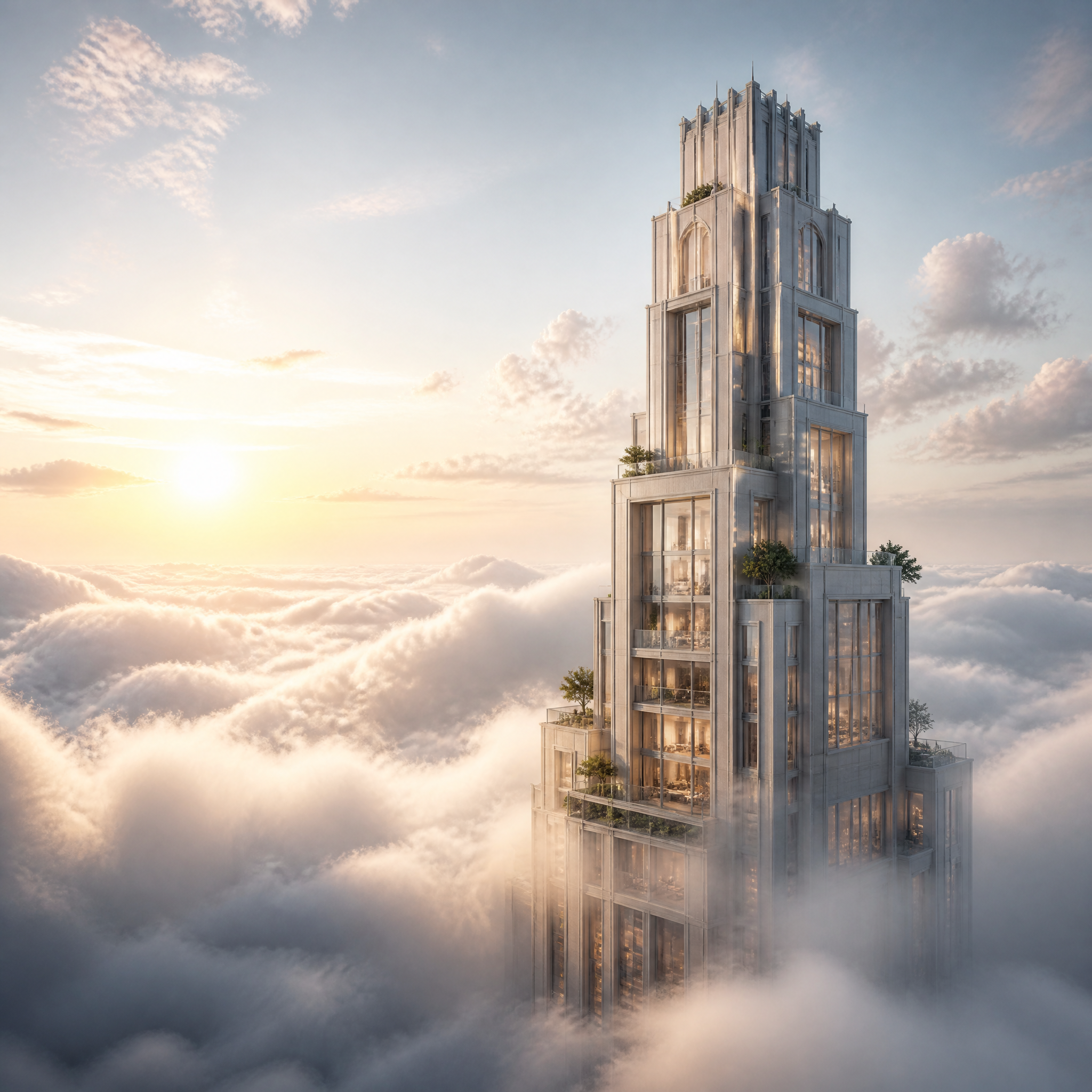 Futuristic Neo-Gothic Skyscraper Above the Clouds