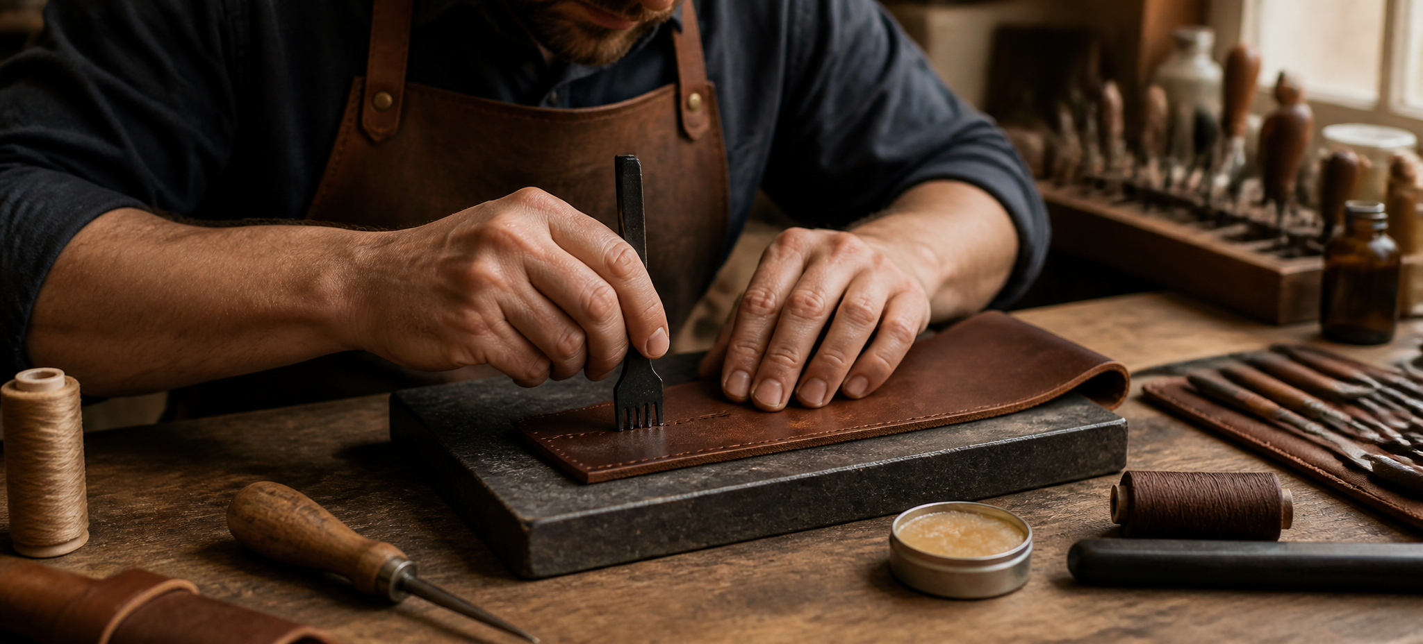 Leather craftsperson punching stitch holes at a workbench