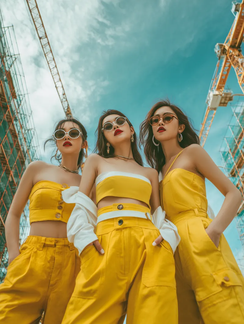 Fashion trio in yellow under teal sky
