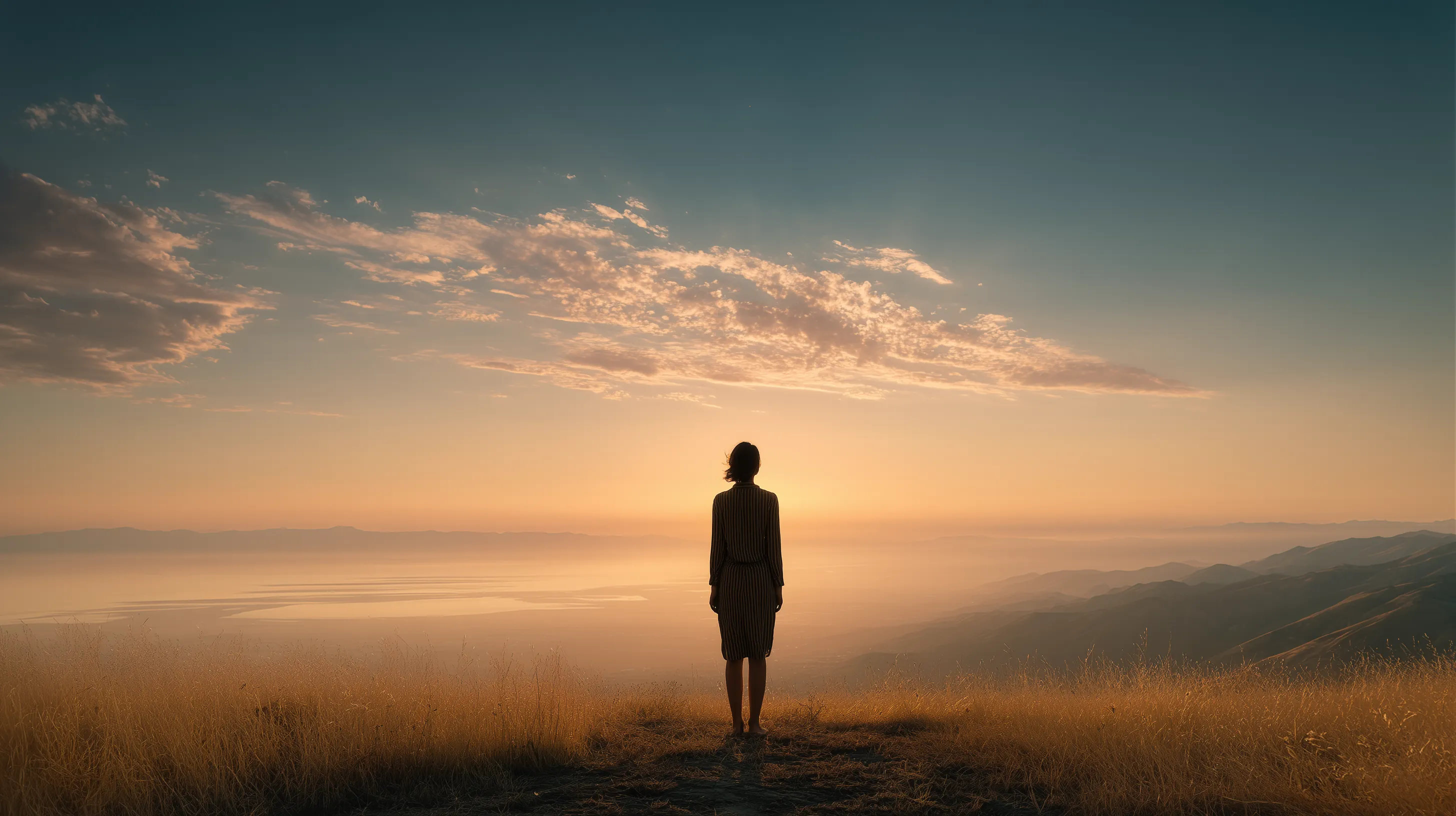 Woman Standing on a Golden Hillside at Sunset
