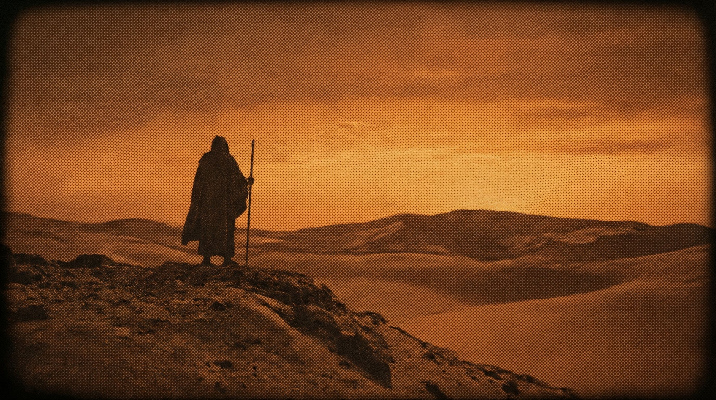 Wanderer Silhouette in Sepia Desert Landscape