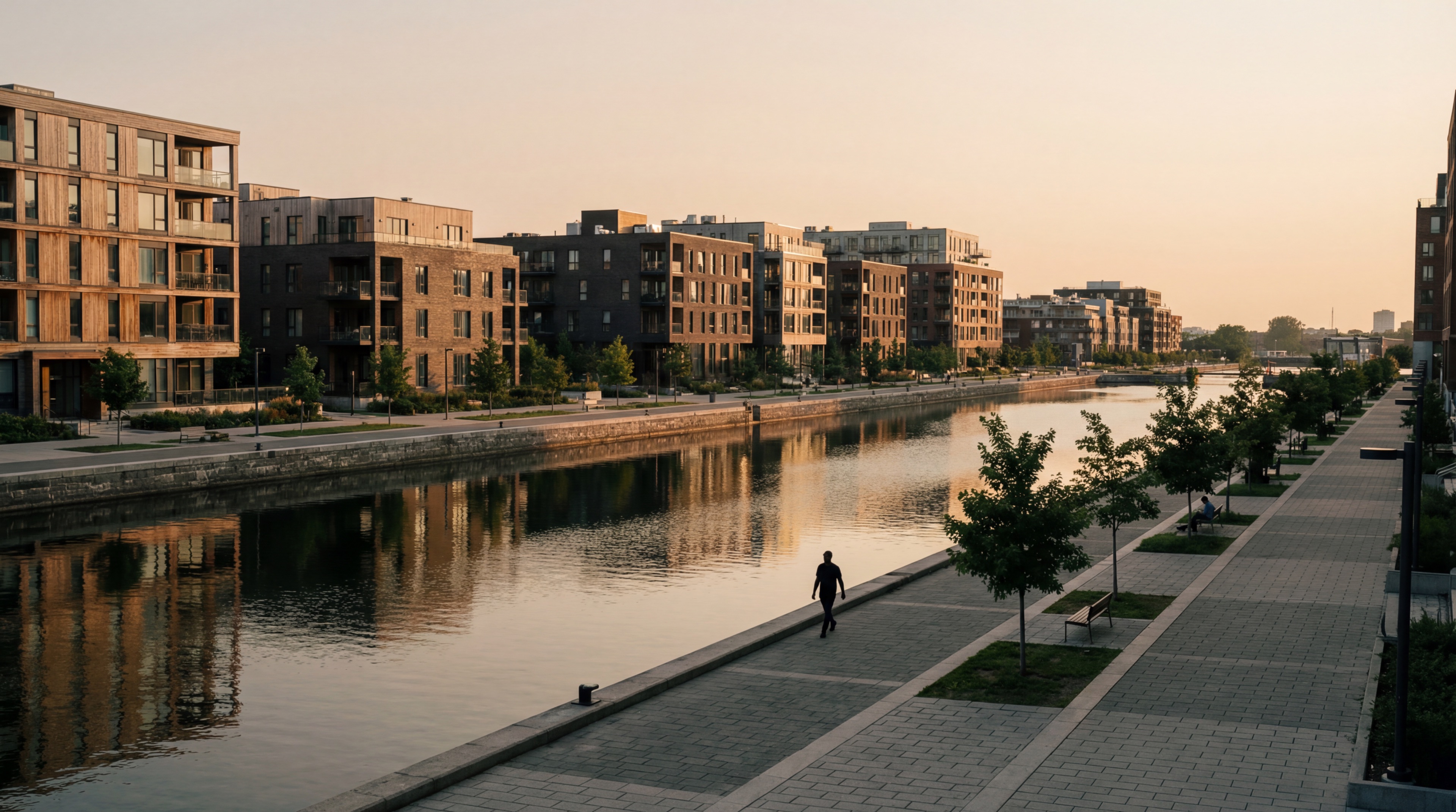 Modern riverside apartments at sunset
