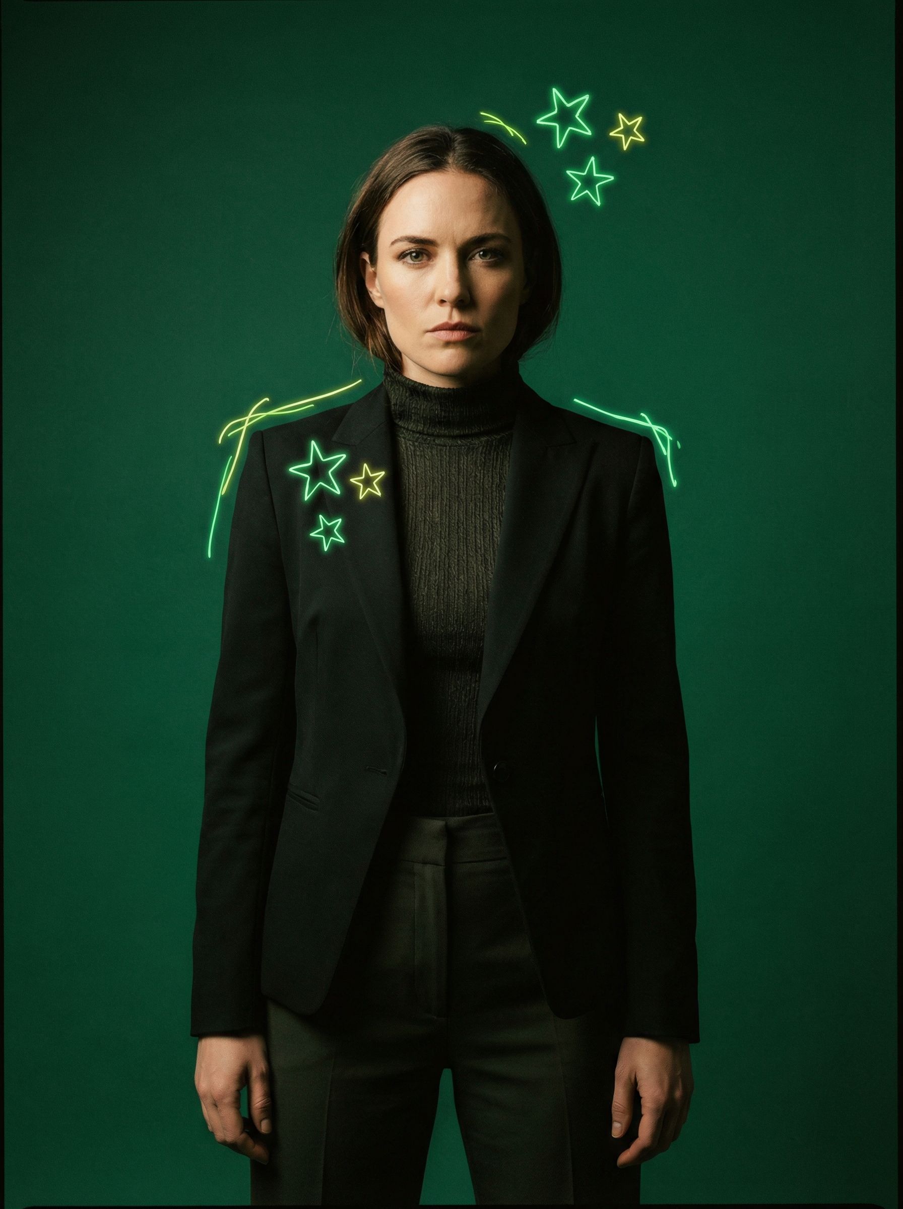 Serious woman with neon stars on green background