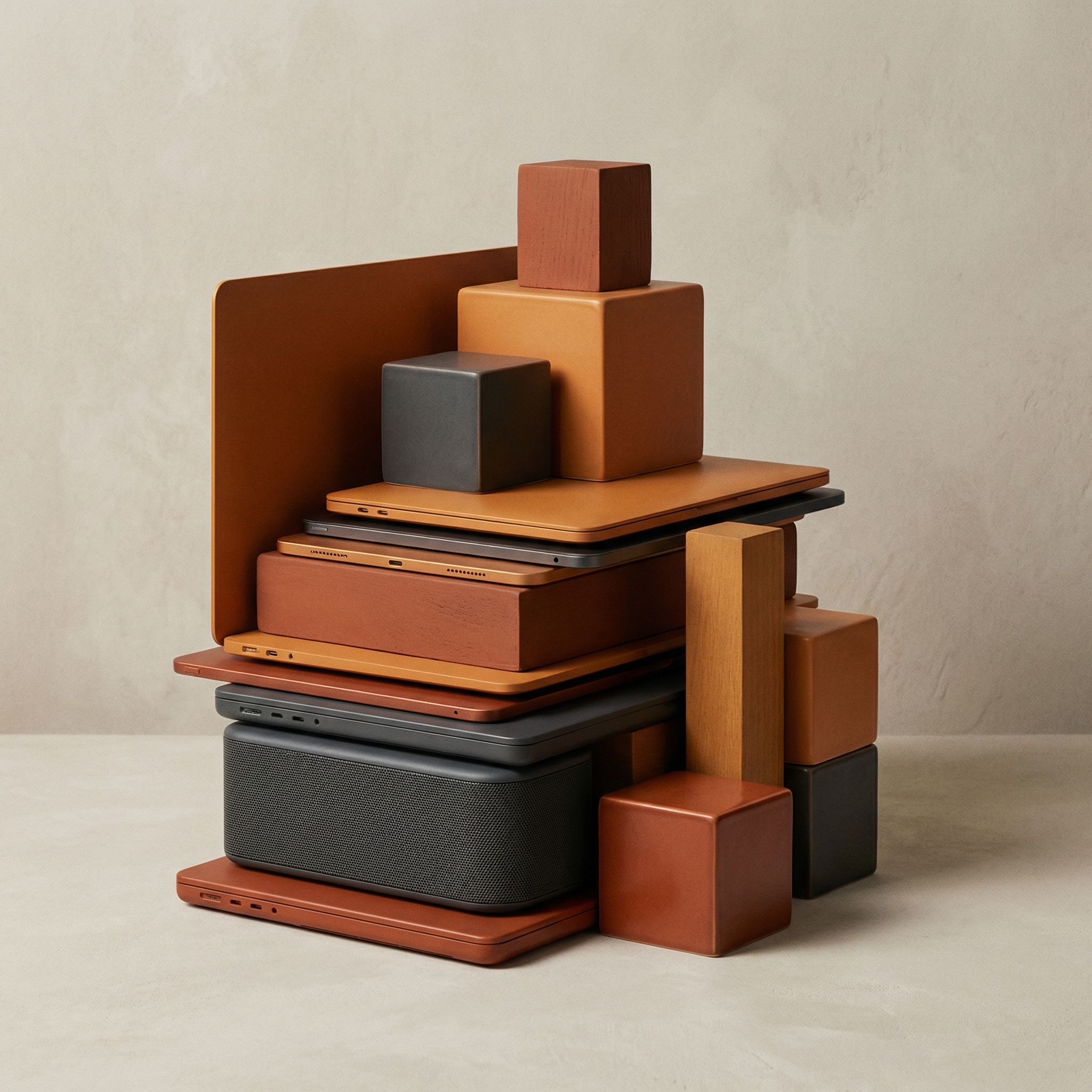 Stacked tech devices with geometric blocks