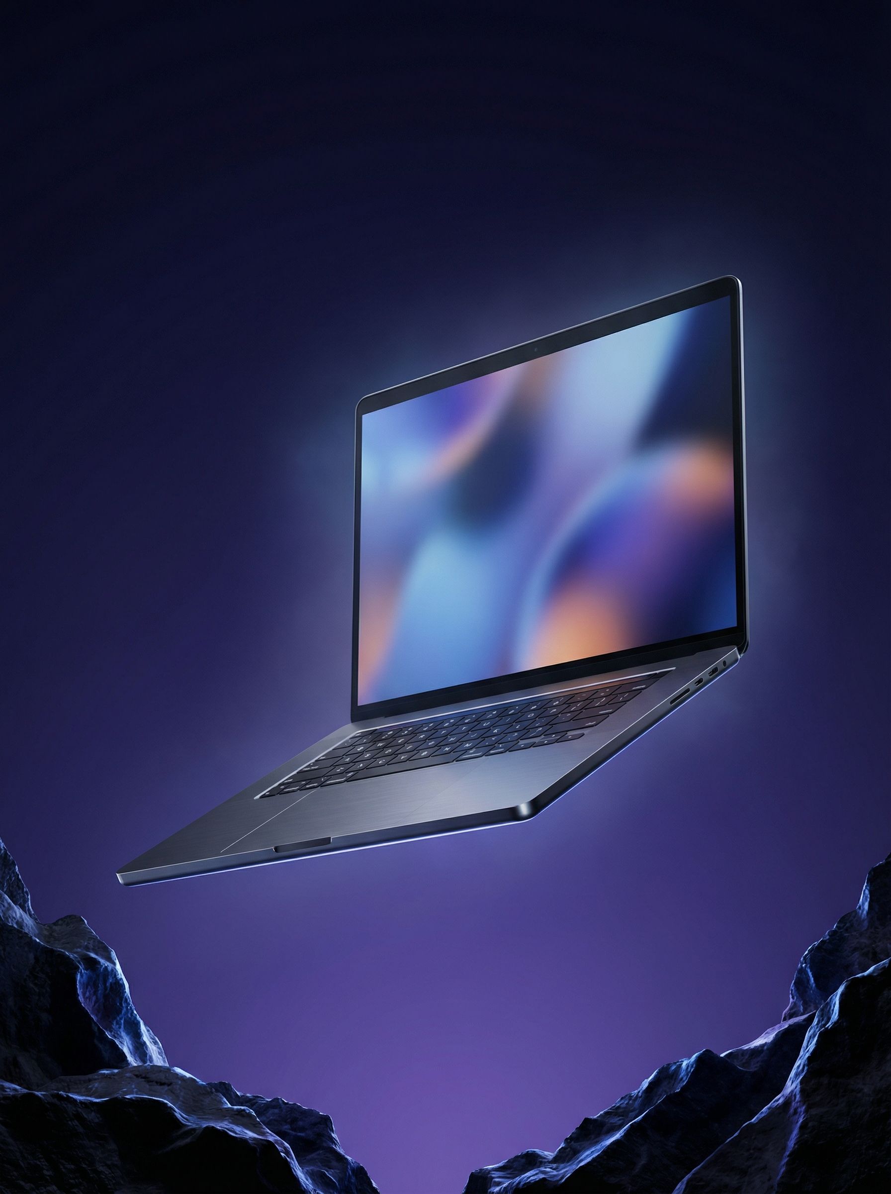 Floating laptop in futuristic purple landscape