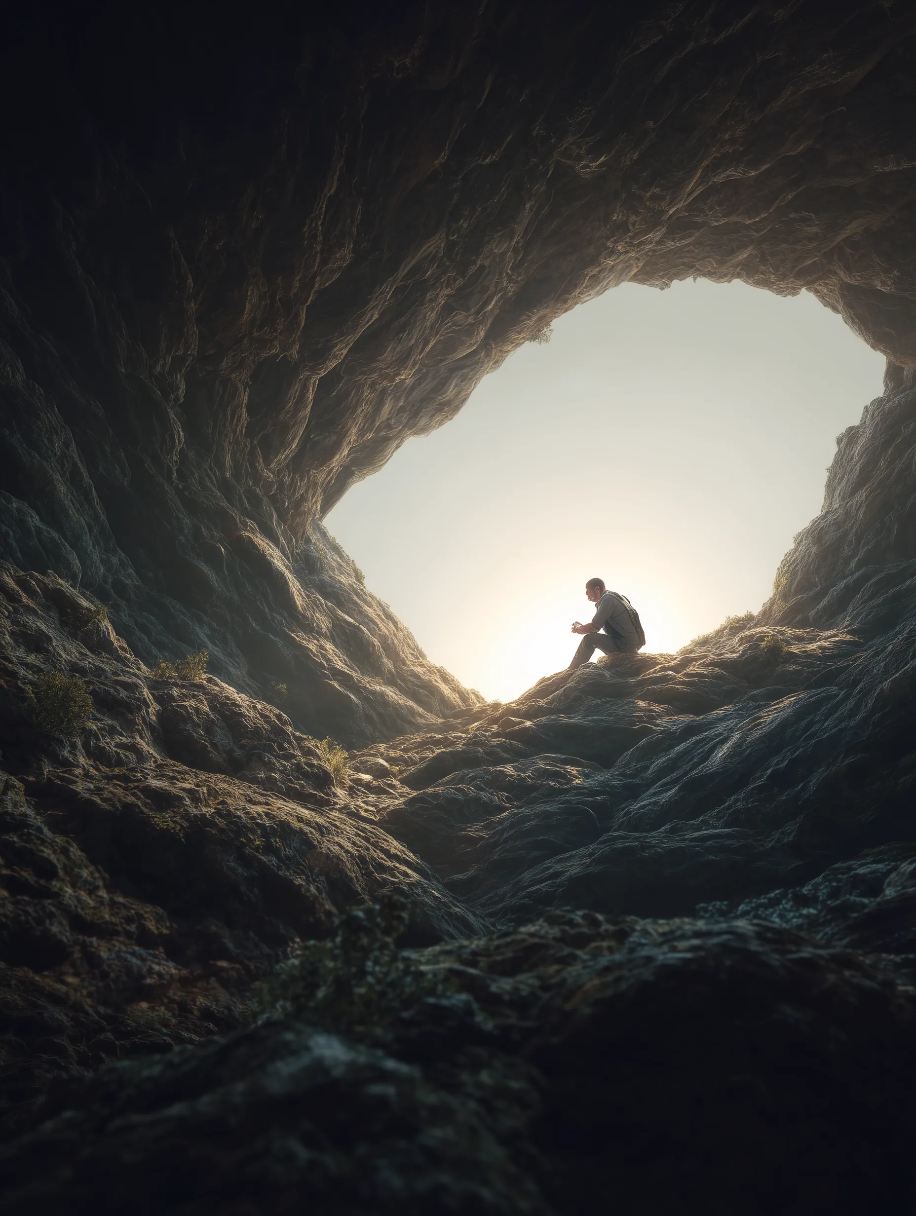 Hiker Resting in a Large Mountain Cave