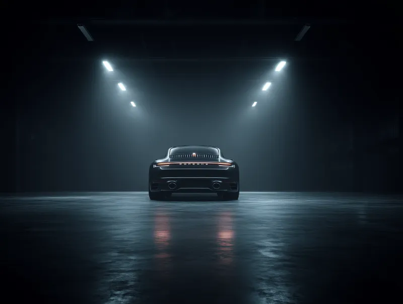 Rear-lit sports car in dark warehouse