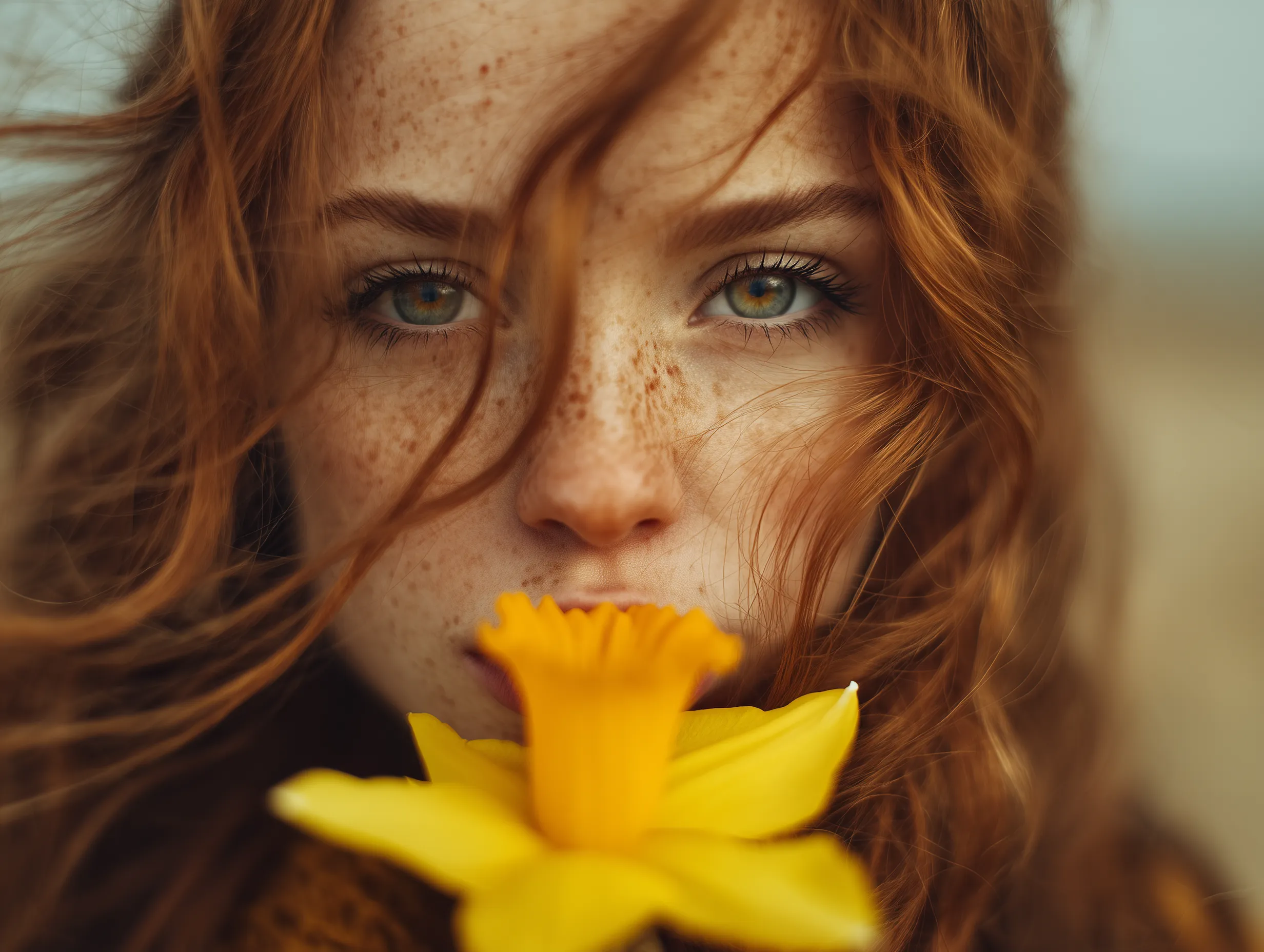 Freckled Redhead Portrait With Yellow Flower