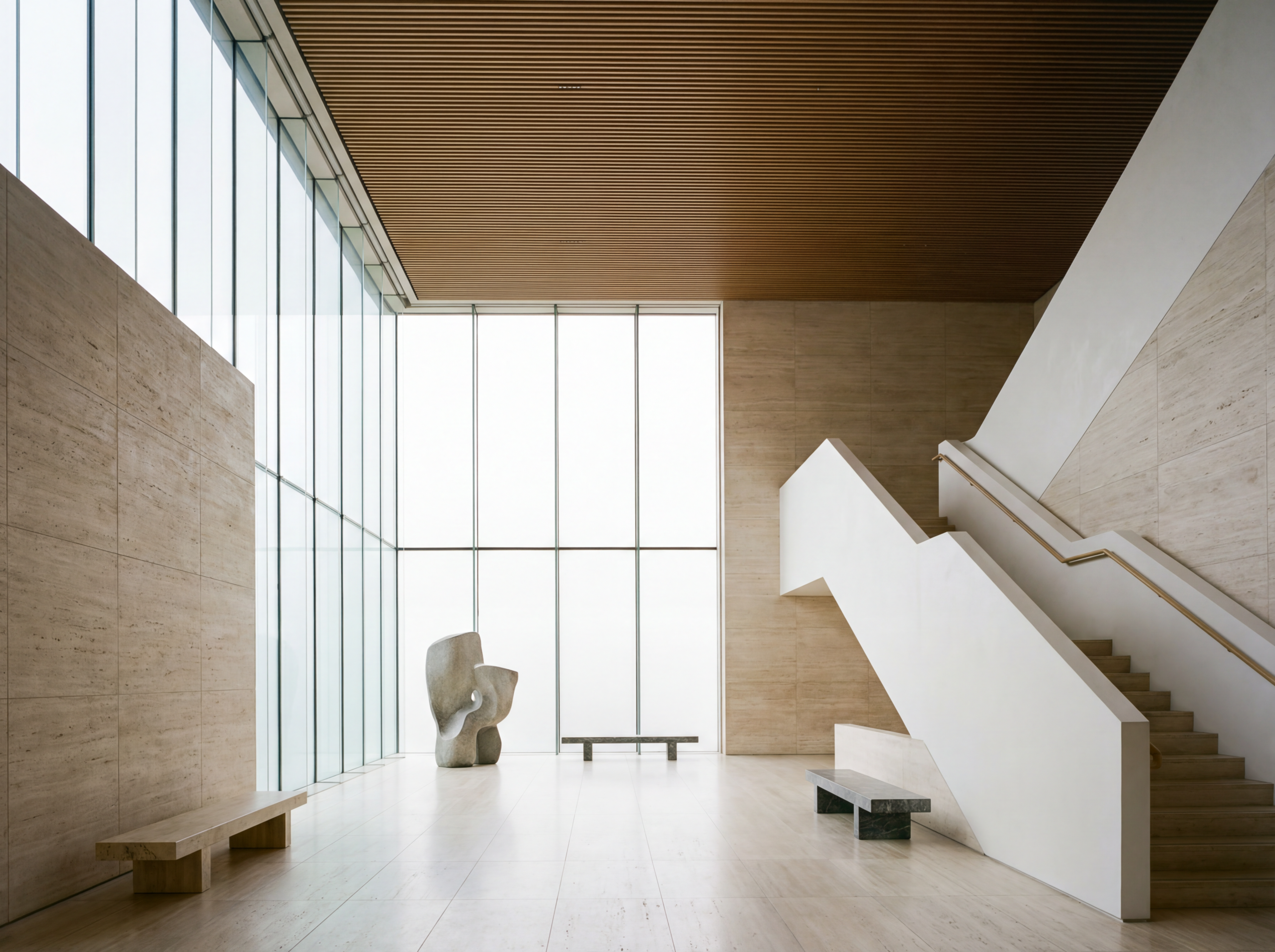 Minimalist museum interior with staircase