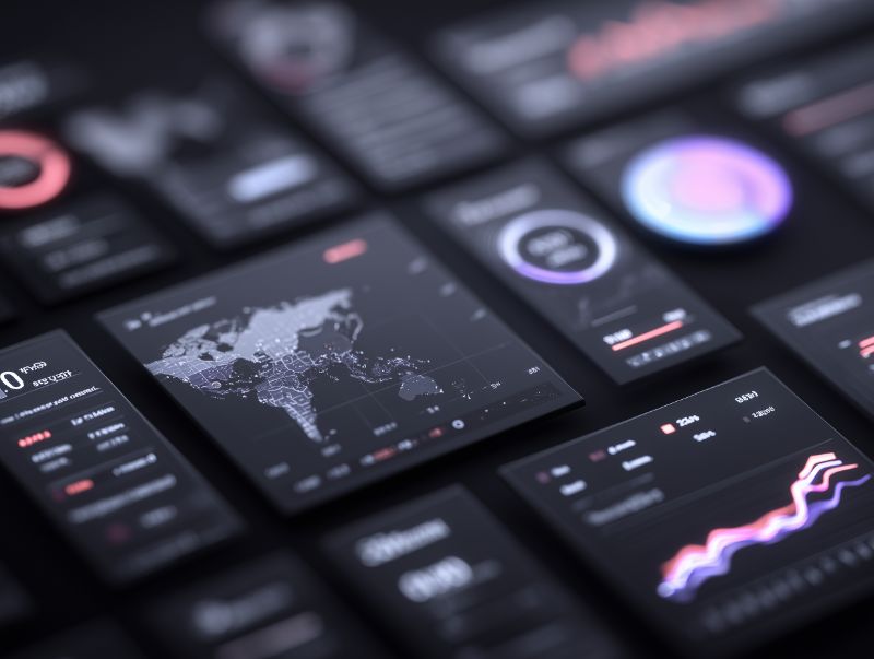 Dark dashboard UI cards with world map analytics