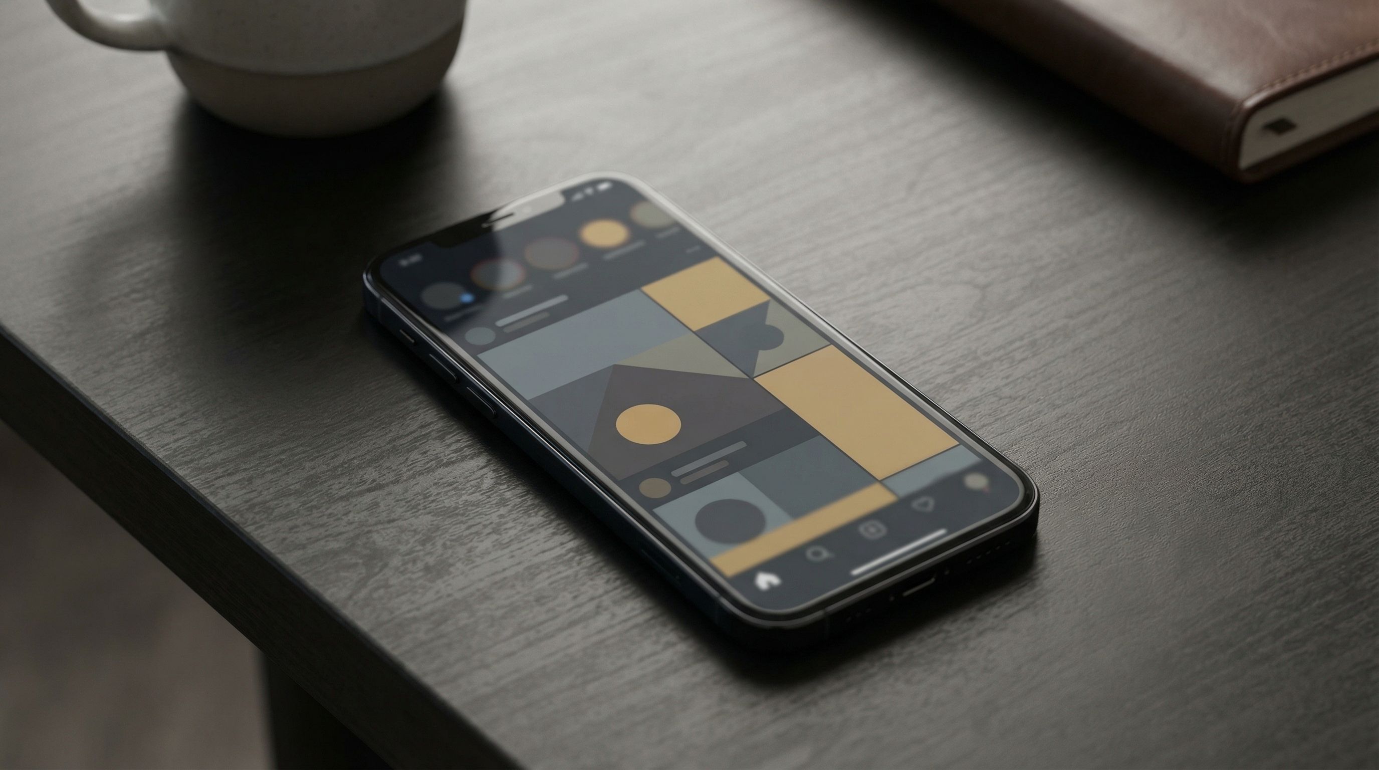 Smartphone with app on dark wooden desk