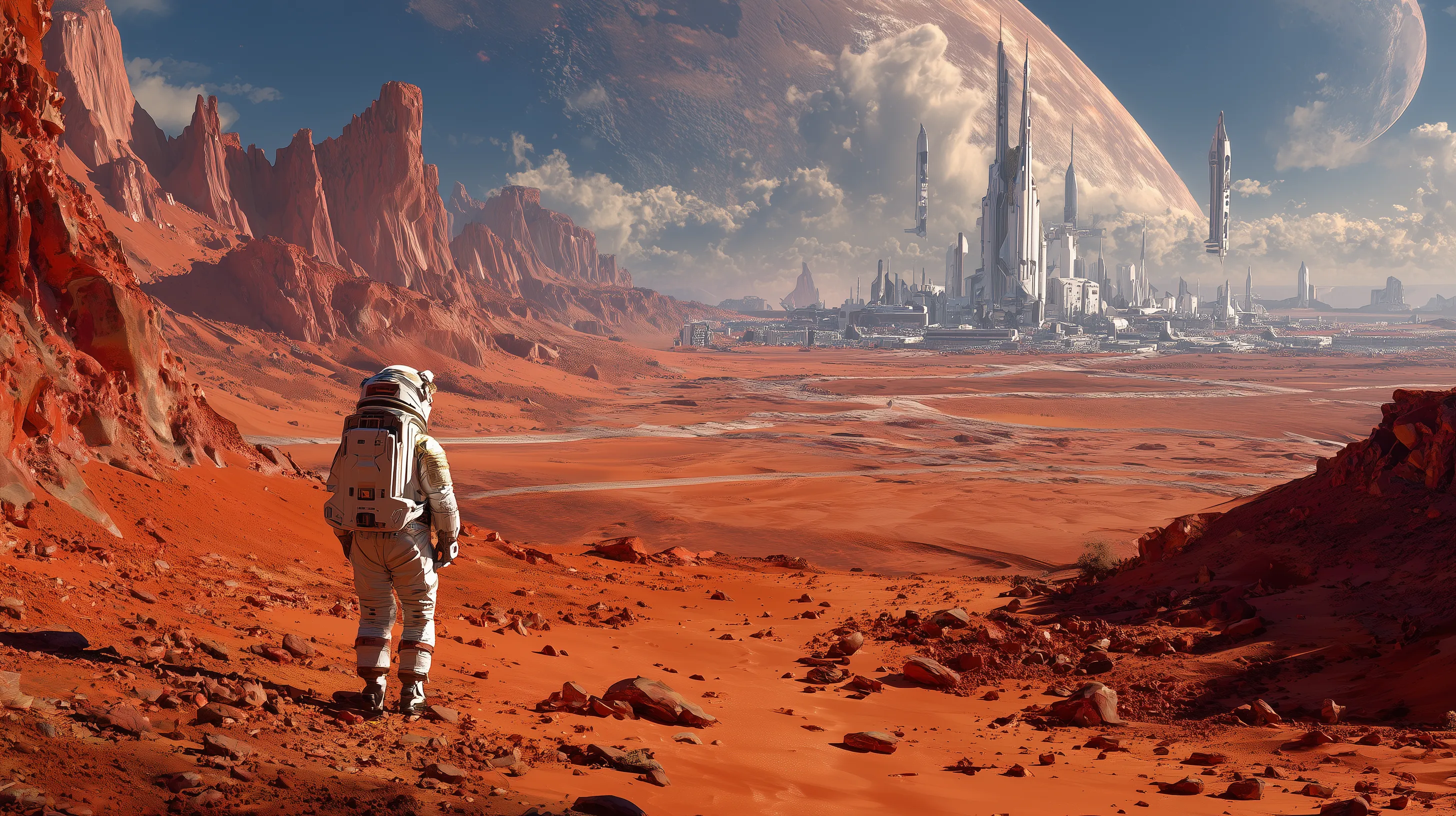 Astronaut Approaching Futuristic Mars City