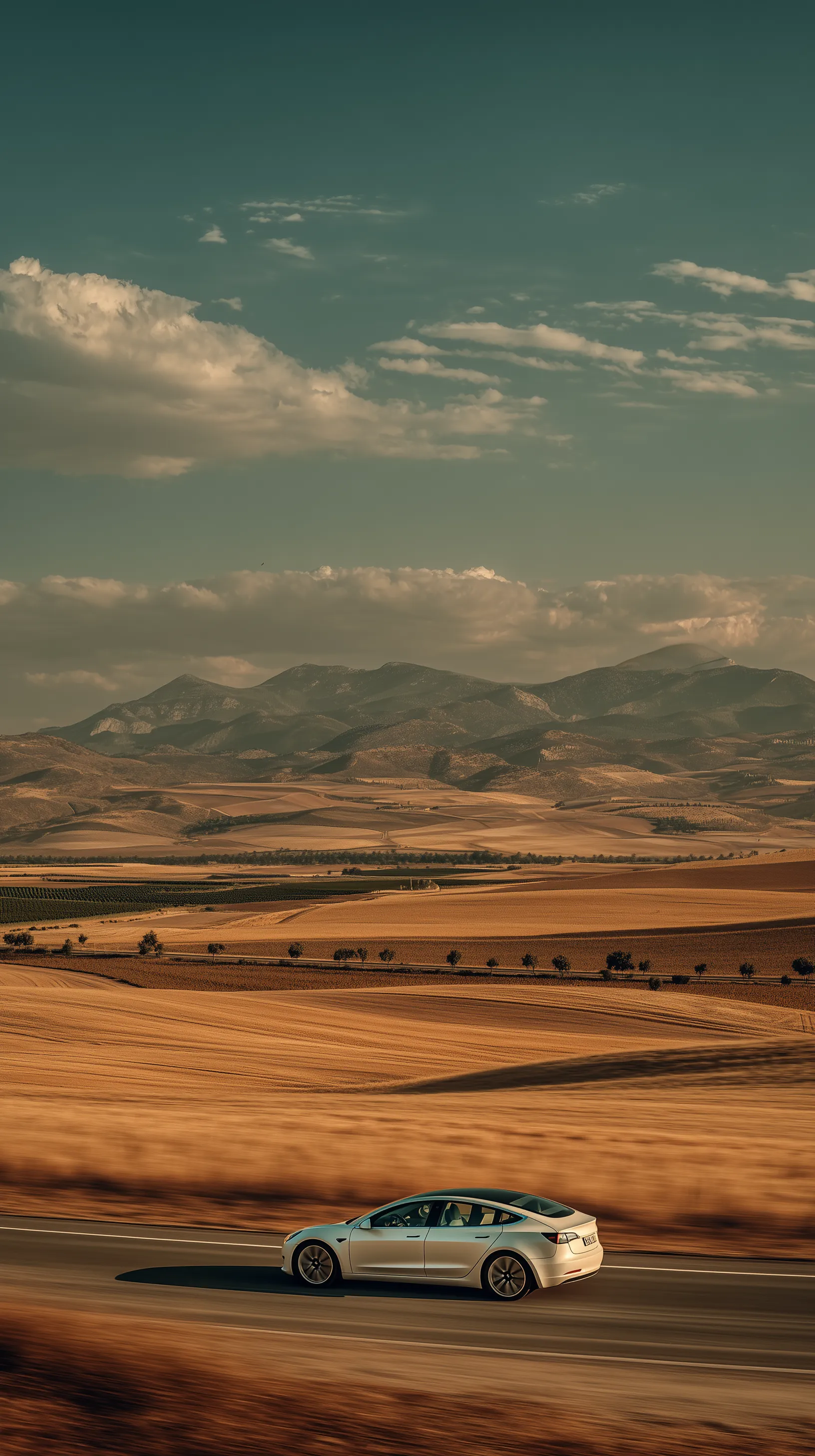 White car driving through golden farmlands