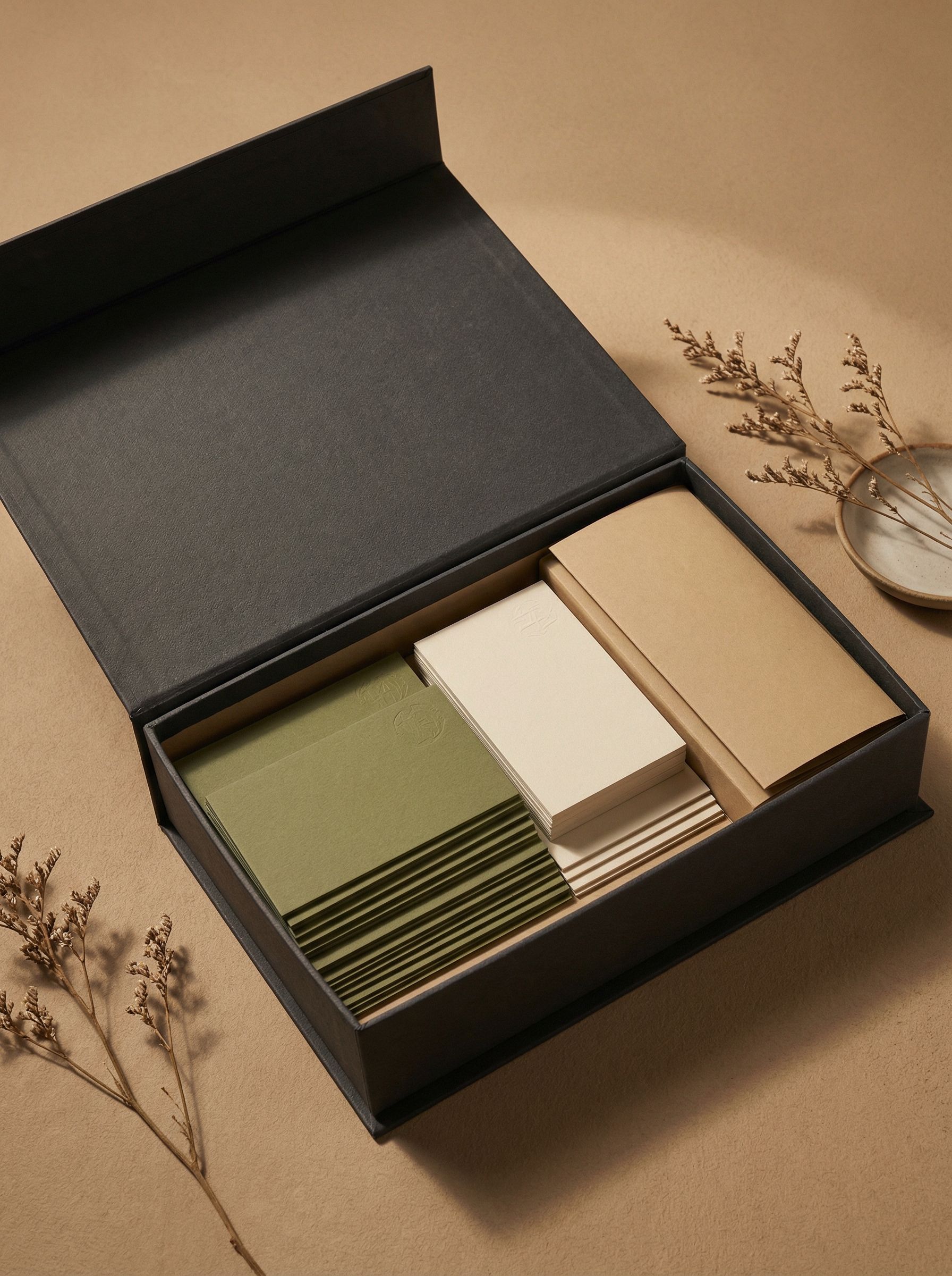 Minimalist stationery set in open box