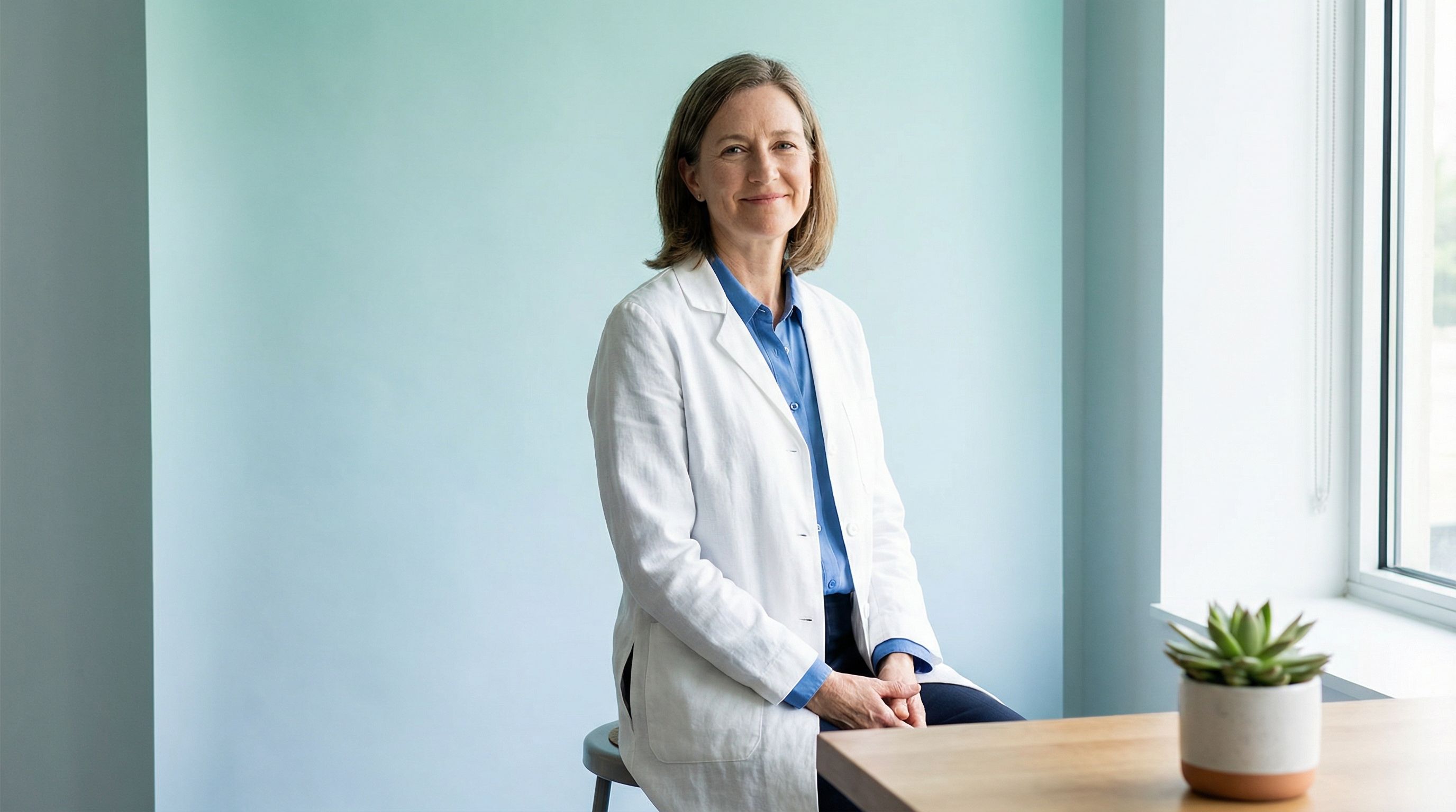 Smiling professional in white coat by window