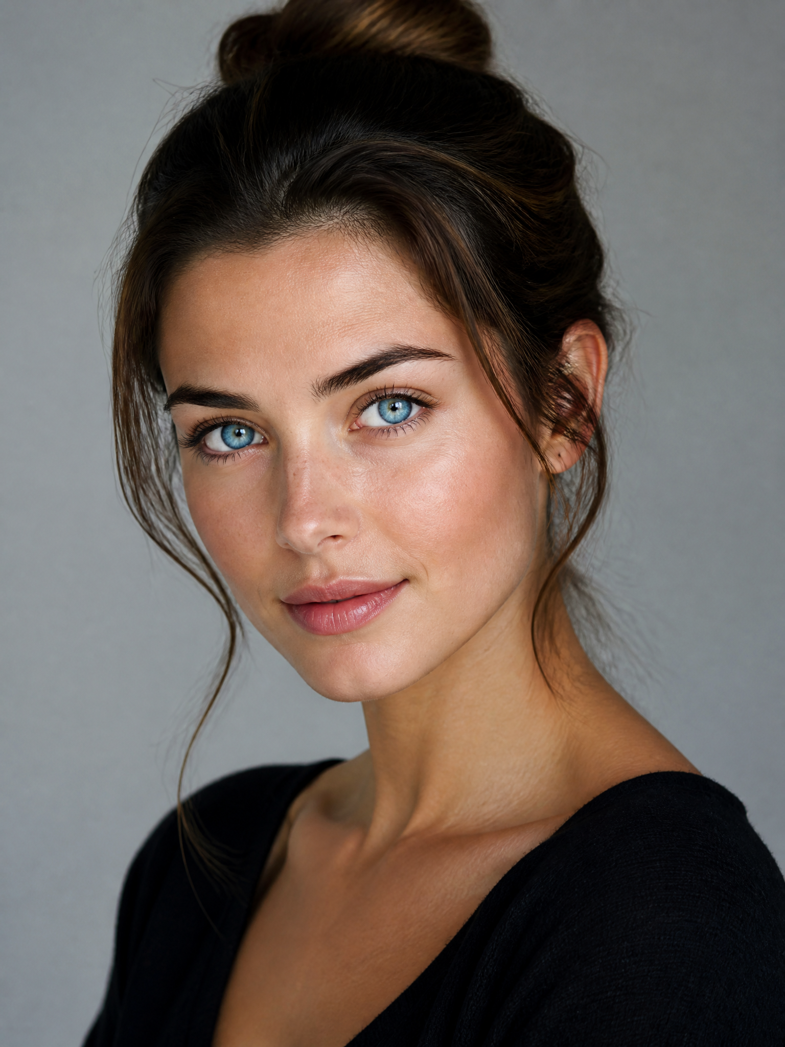 Studio portrait of woman with striking blue eyes