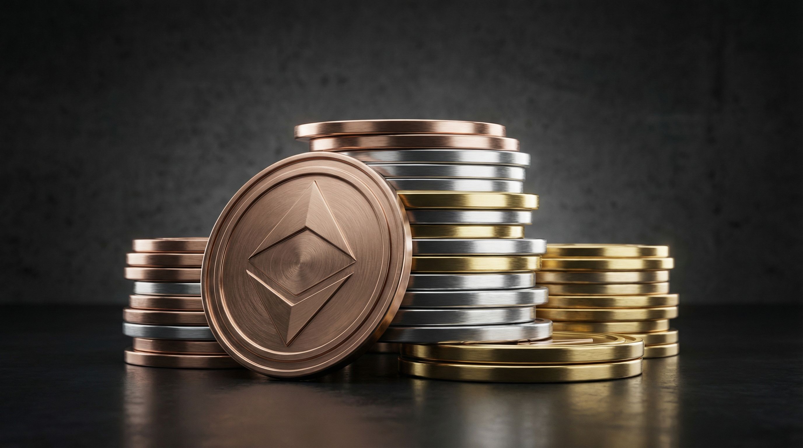 Stacks of metallic crypto coins on dark background