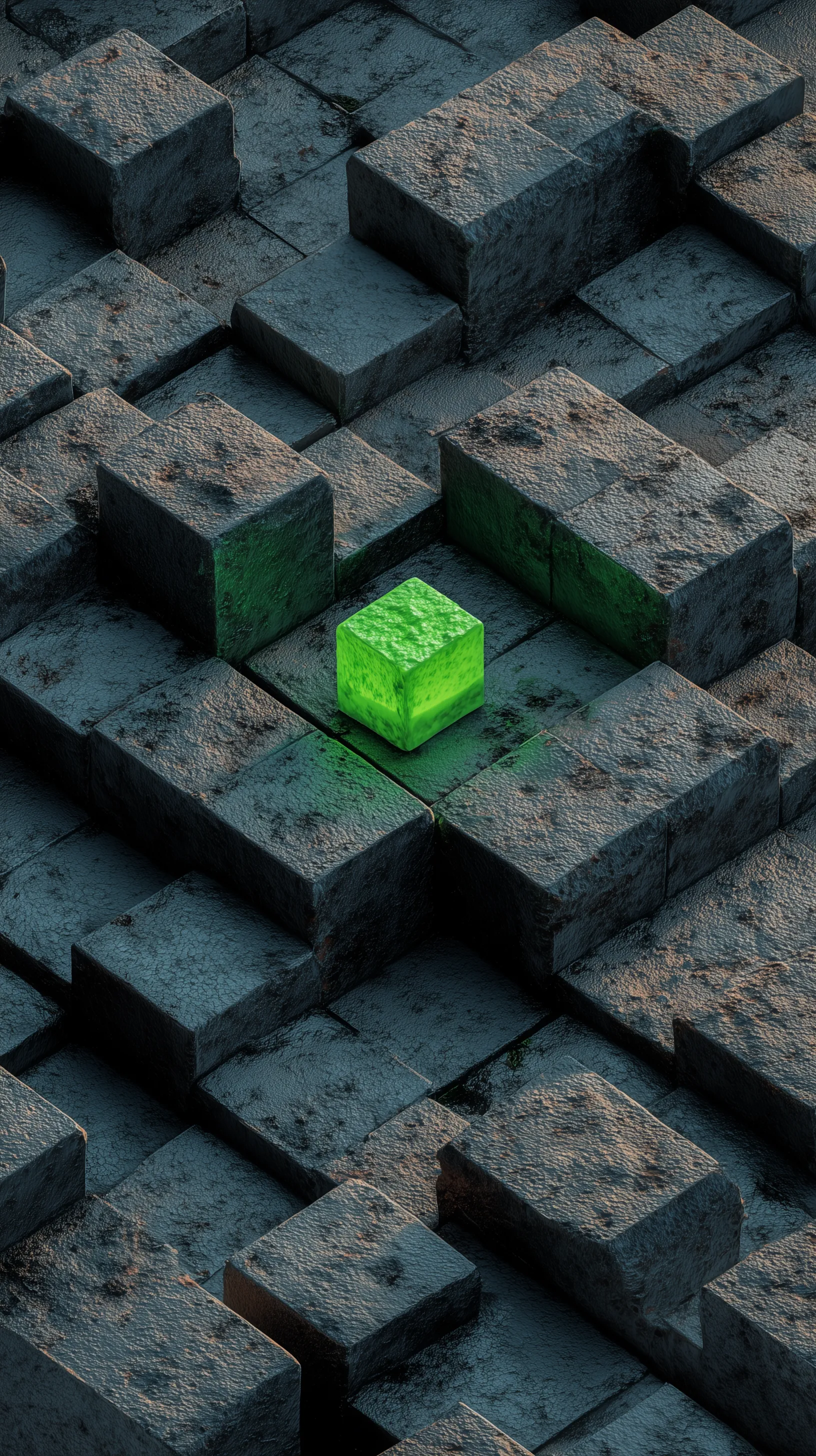 Glowing Green Cube Among Stone Blocks