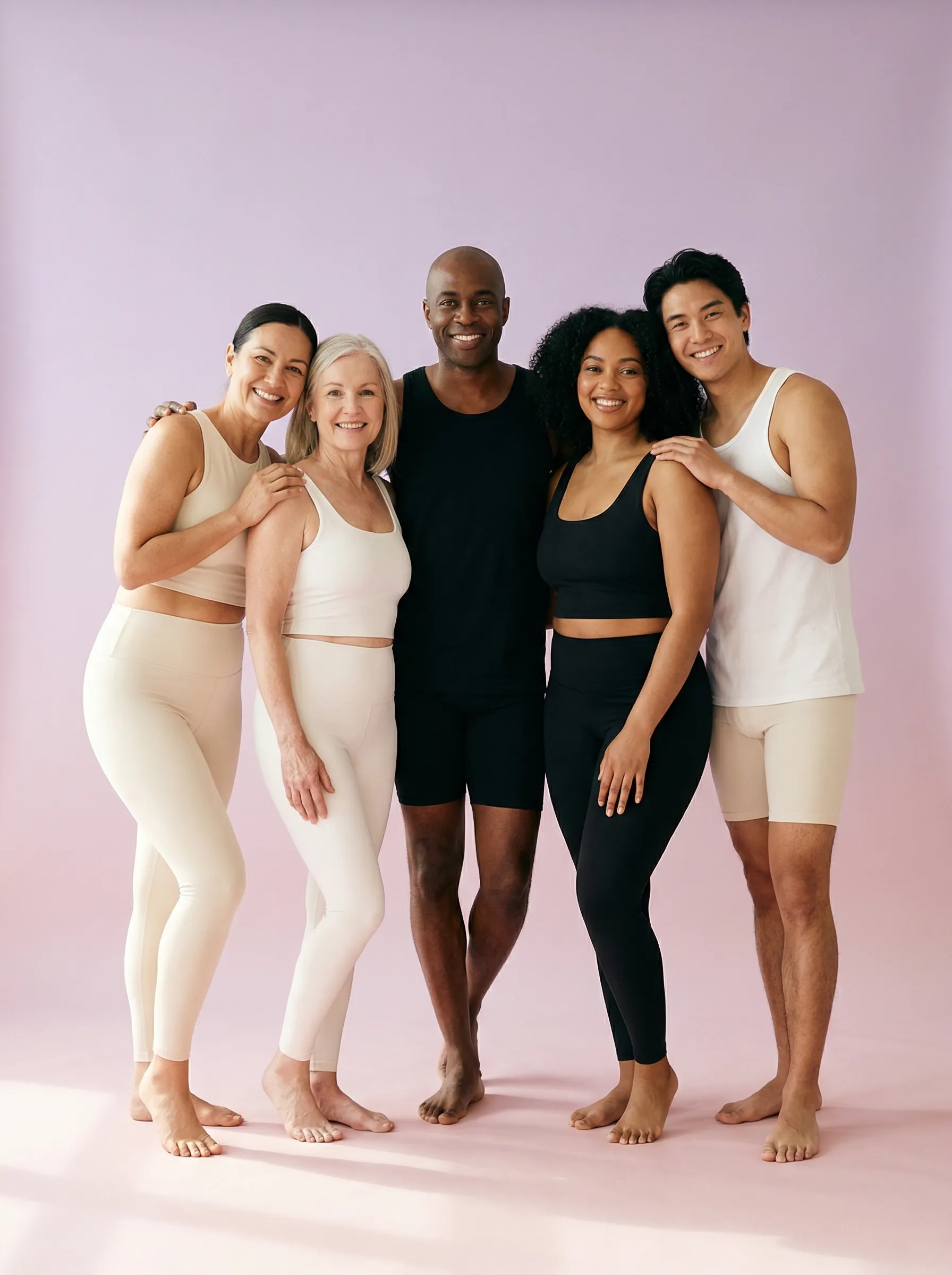 Diverse group in activewear against pastel backdrop
