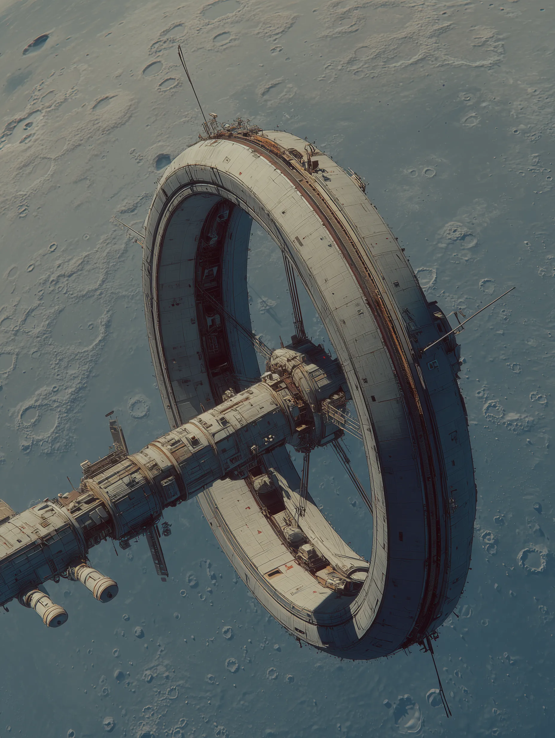 Ring-Shaped Space Station Over Lunar Surface