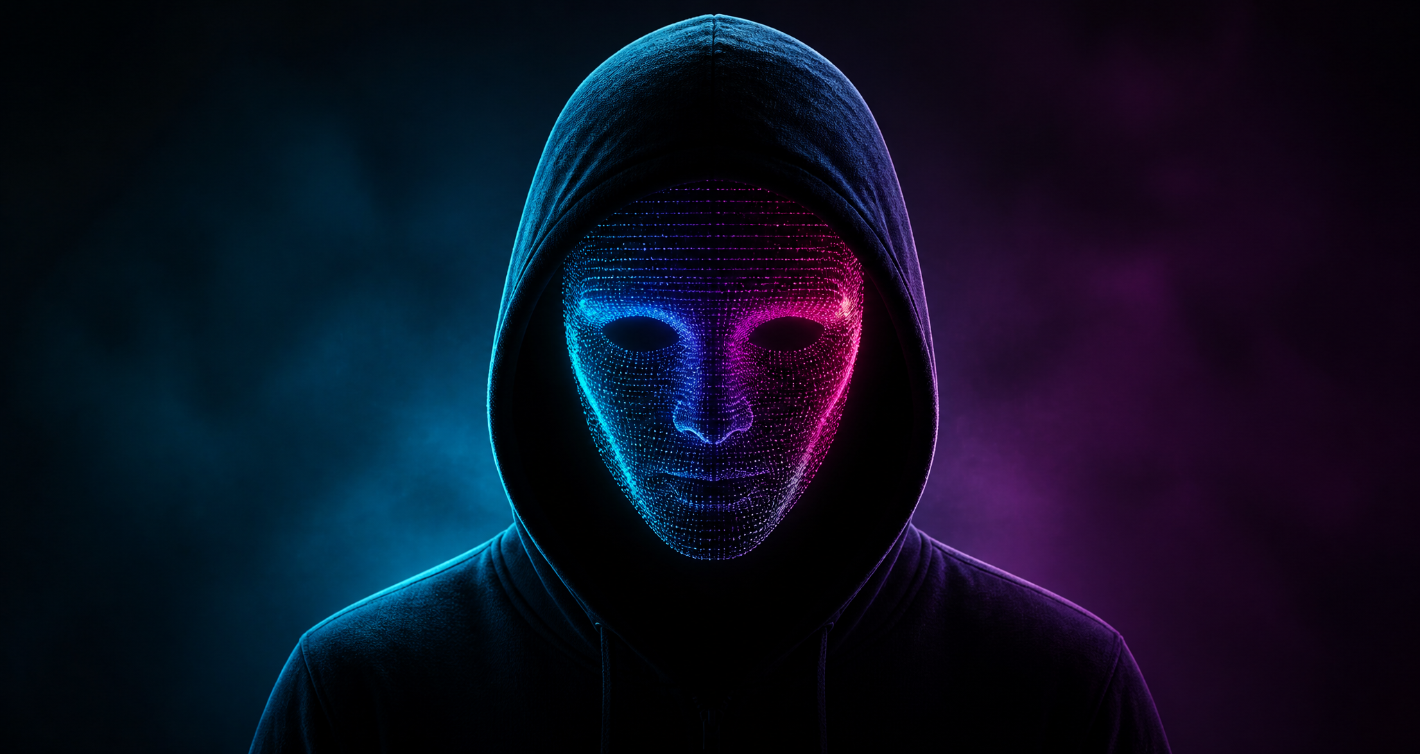 Hooded figure with a colored scan face