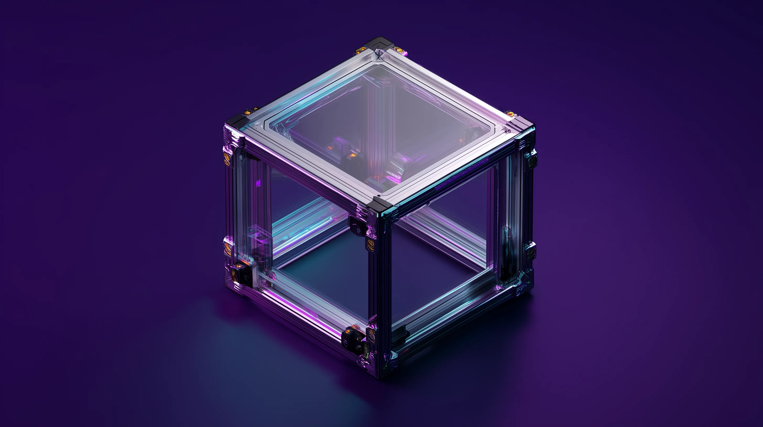 Neon-lit Transparent Cube Frame on Purple