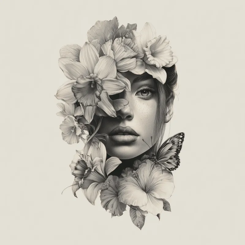 Monochrome female portrait entwined with flowers
