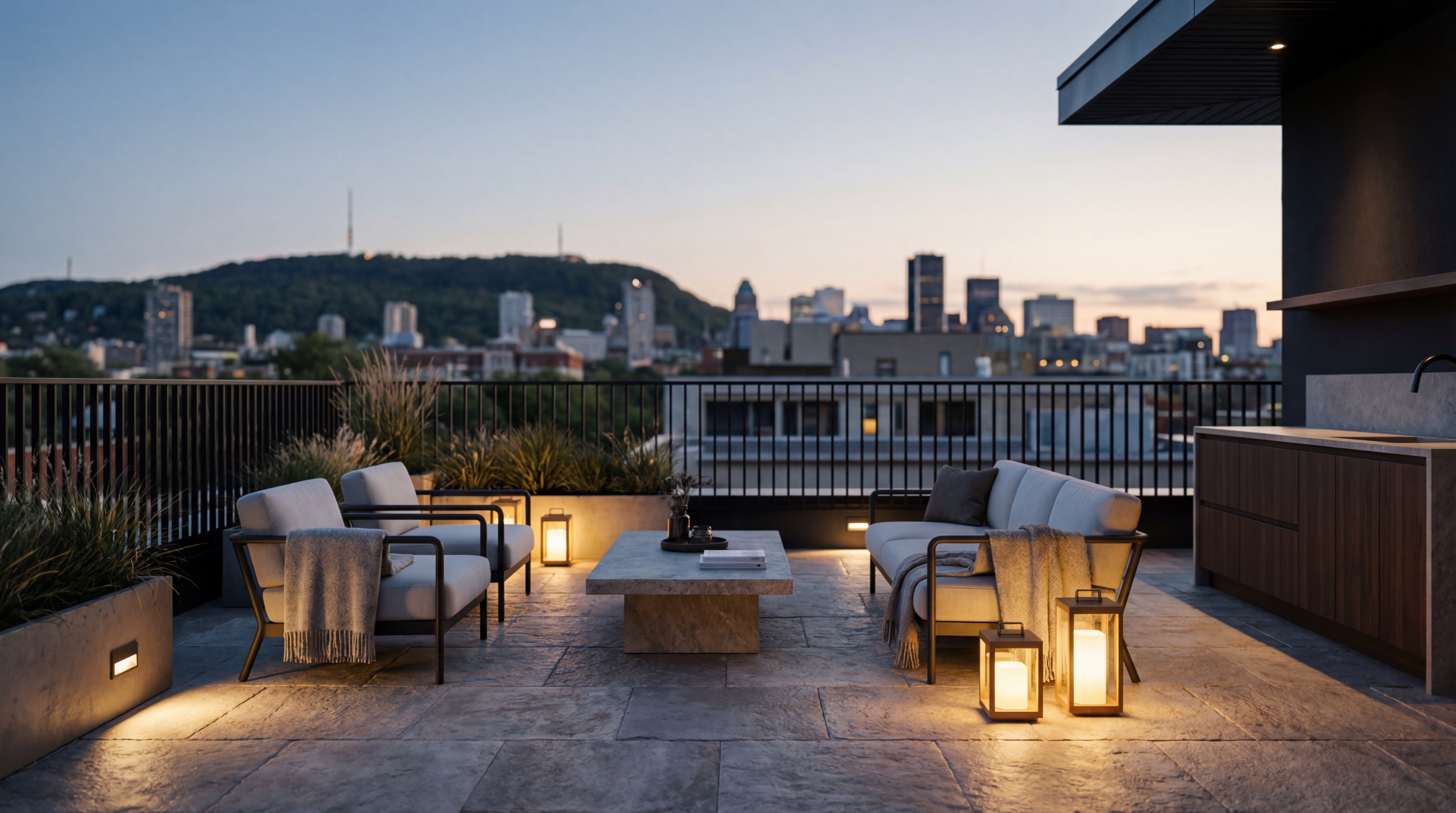 Modern rooftop terrace at dusk with city skyline