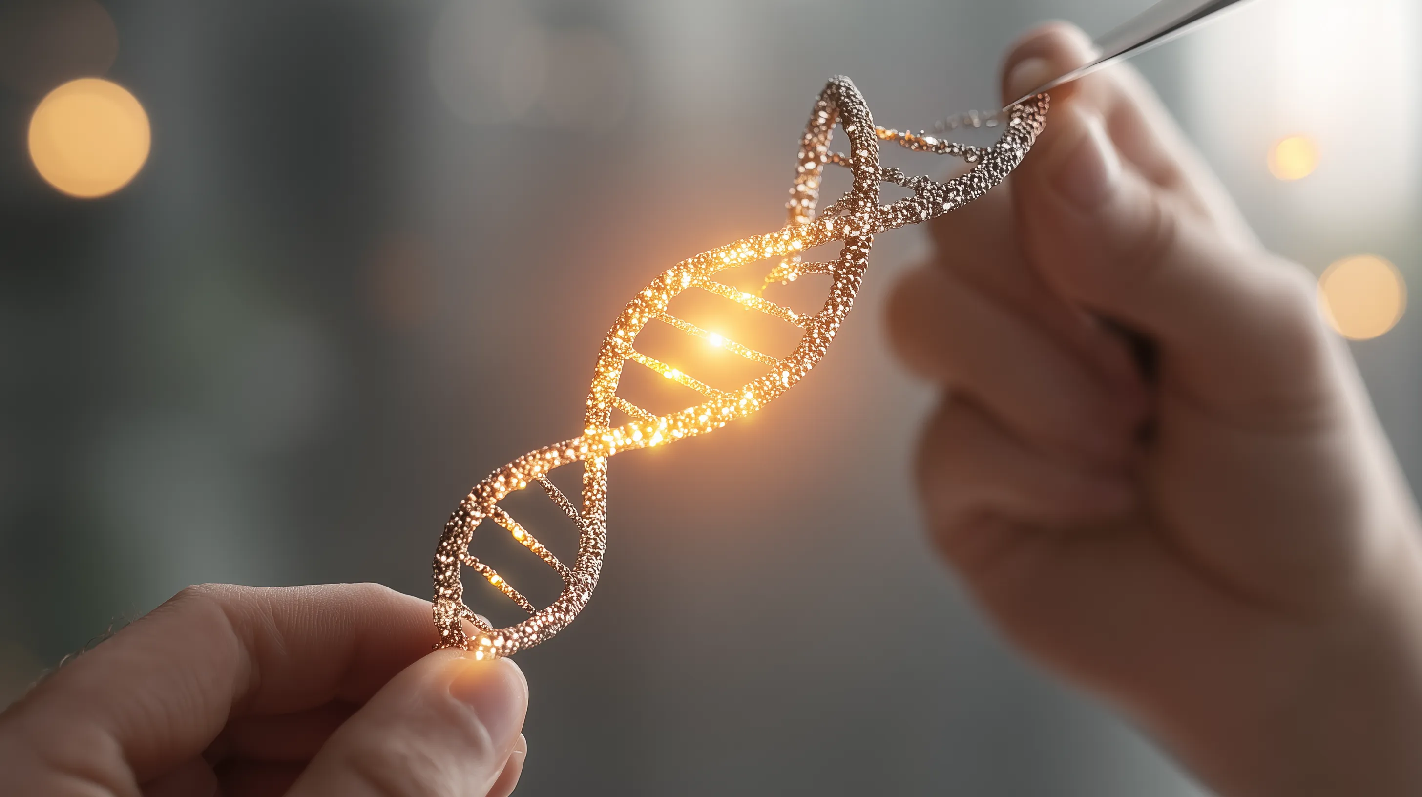 Hands holding glowing DNA double helix model