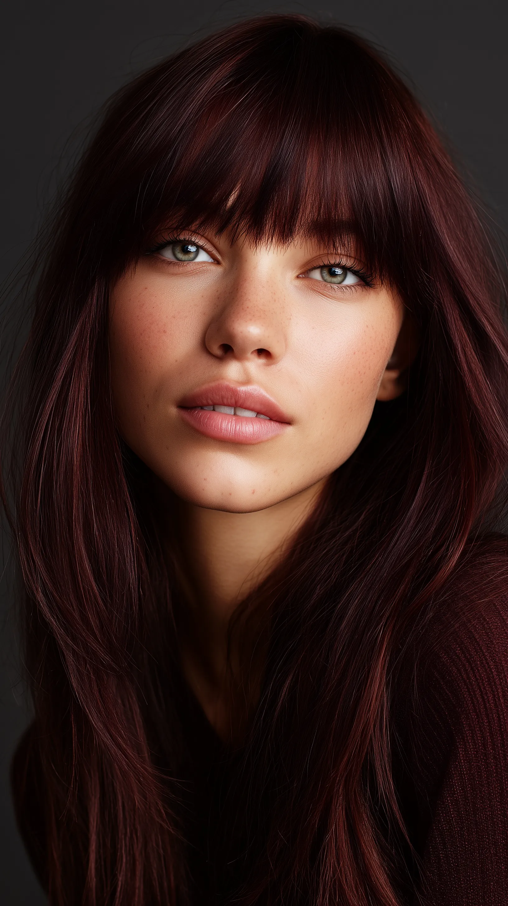 Close-up portrait with auburn hair and bangs