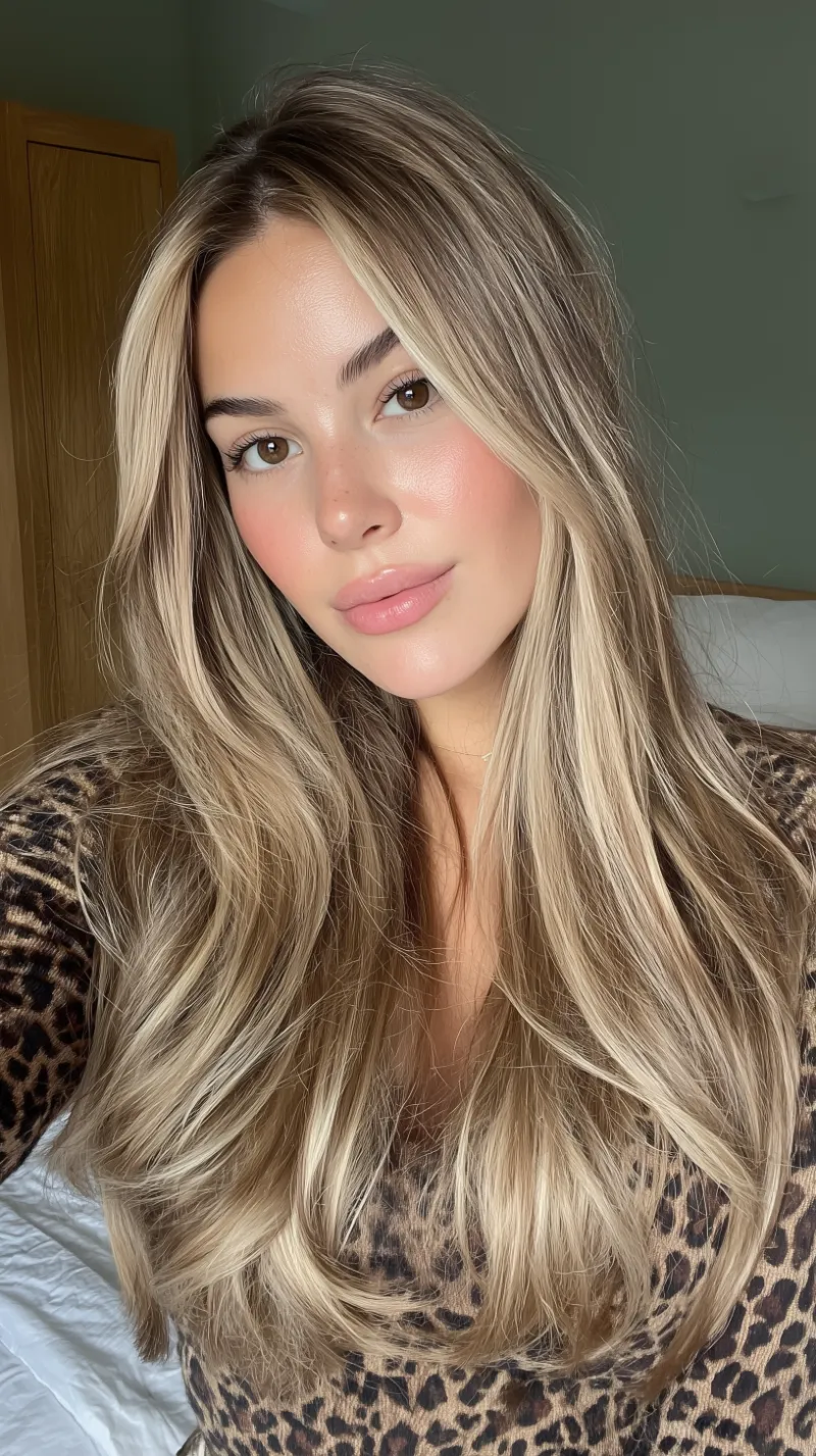 Blonde portrait selfie in leopard print top