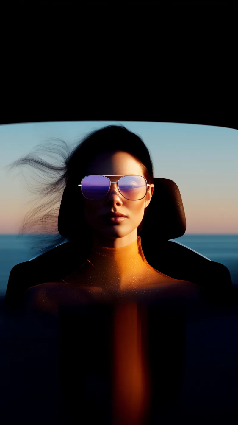 Woman in sunset wearing reflective sunglasses