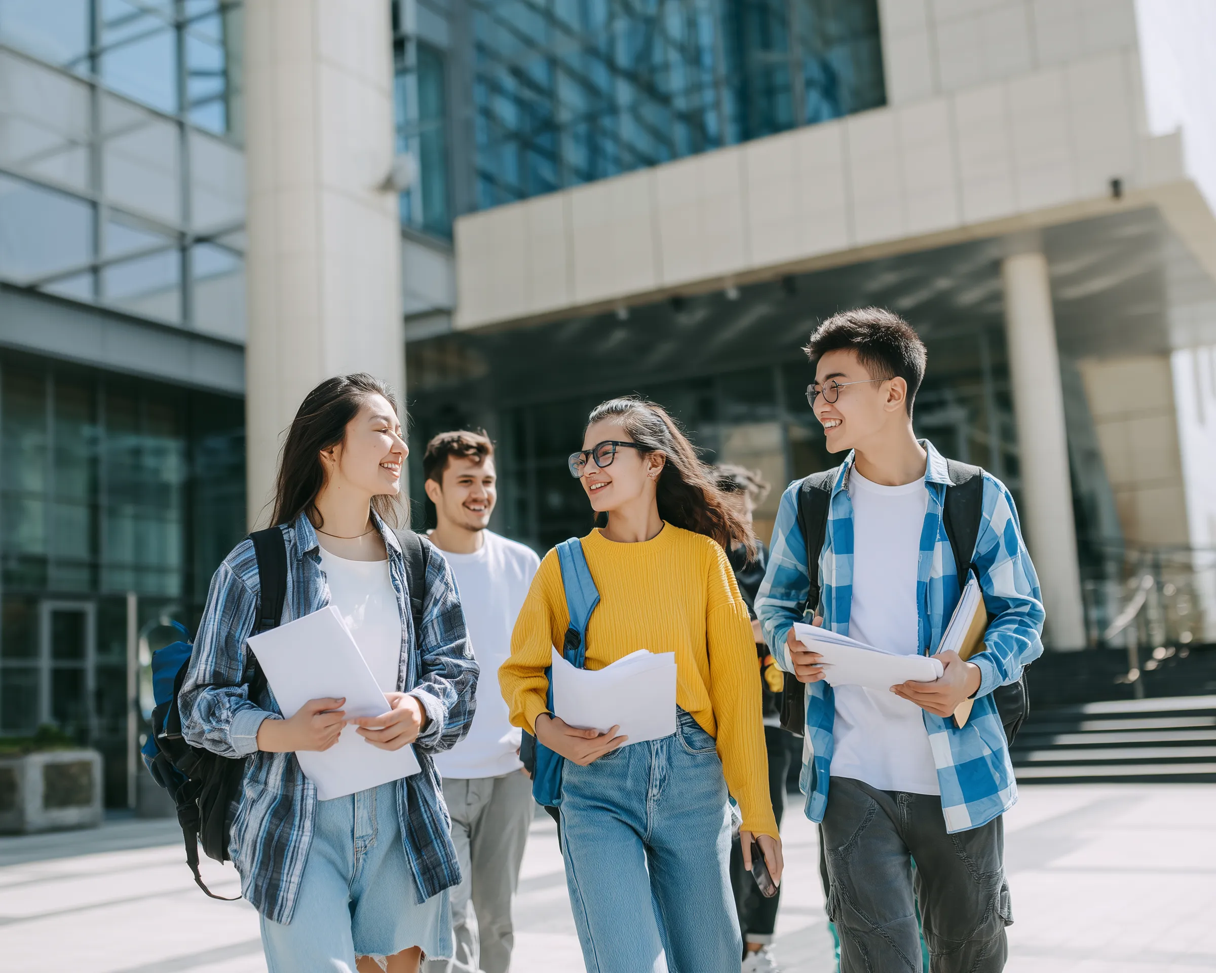 Students walking on modern university campus