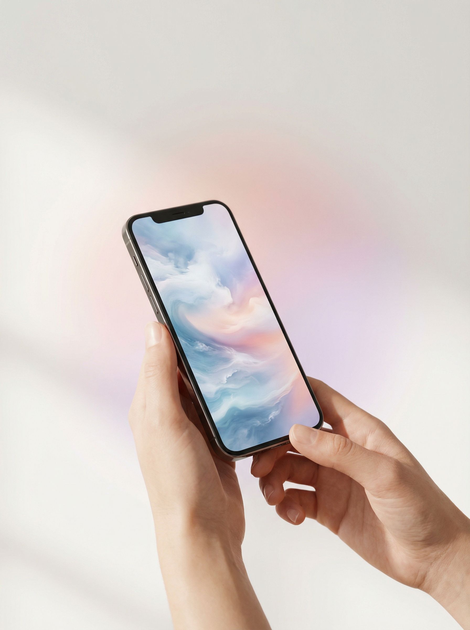 Hands holding smartphone with pastel screen