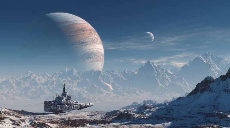 Starship on icy alien plain beneath a gas giant