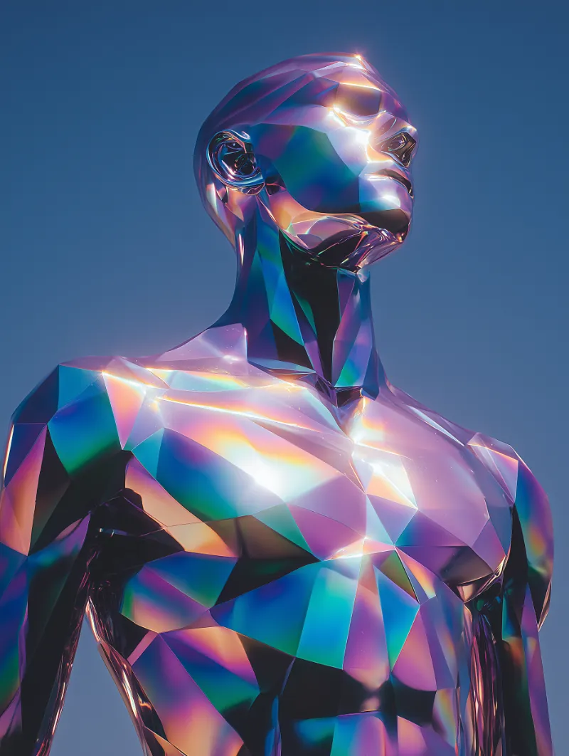 Iridescent Polygonal Android Against Clear Sky