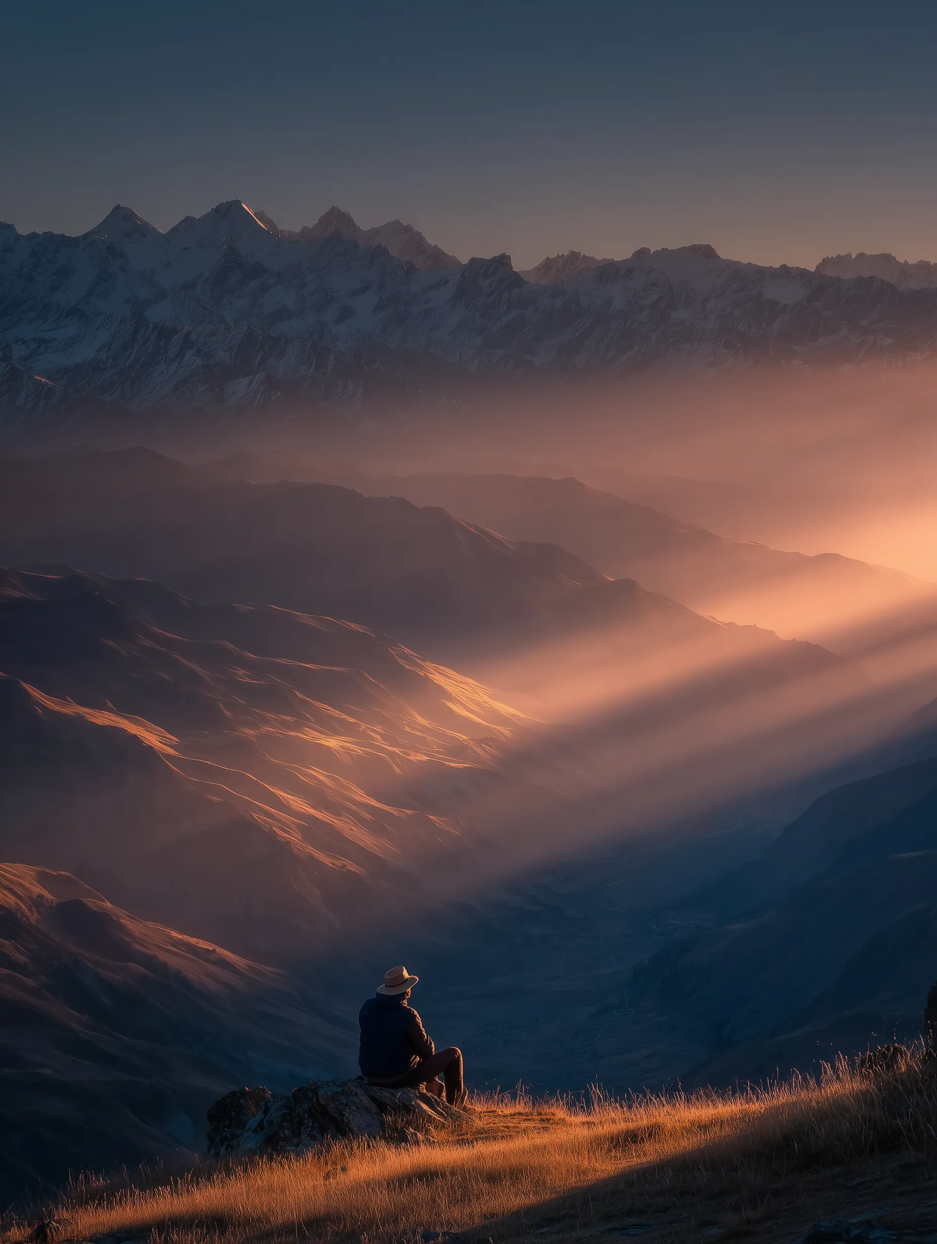 Hiker Overlooking Foggy Mountain Valley at Sunrise
