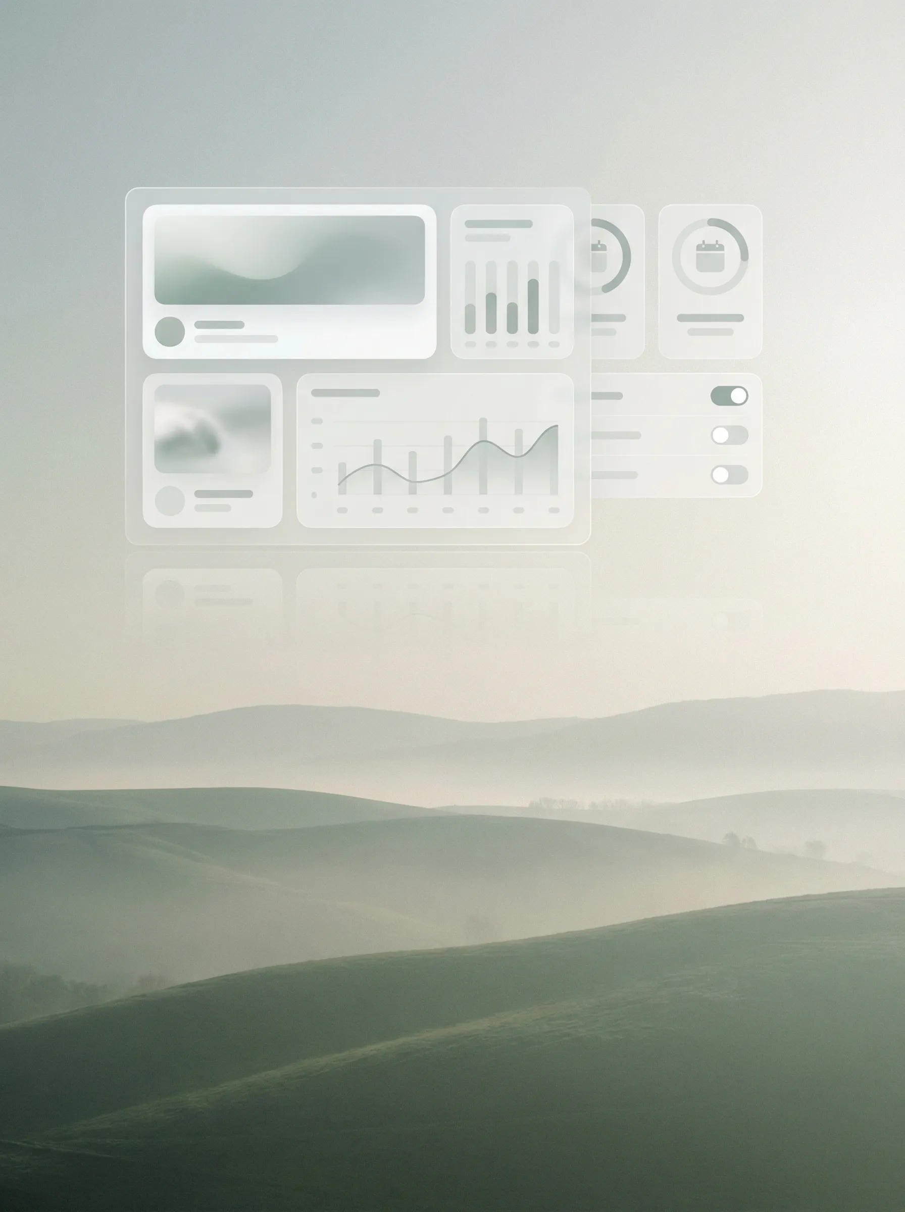 Futuristic dashboard over misty green hills