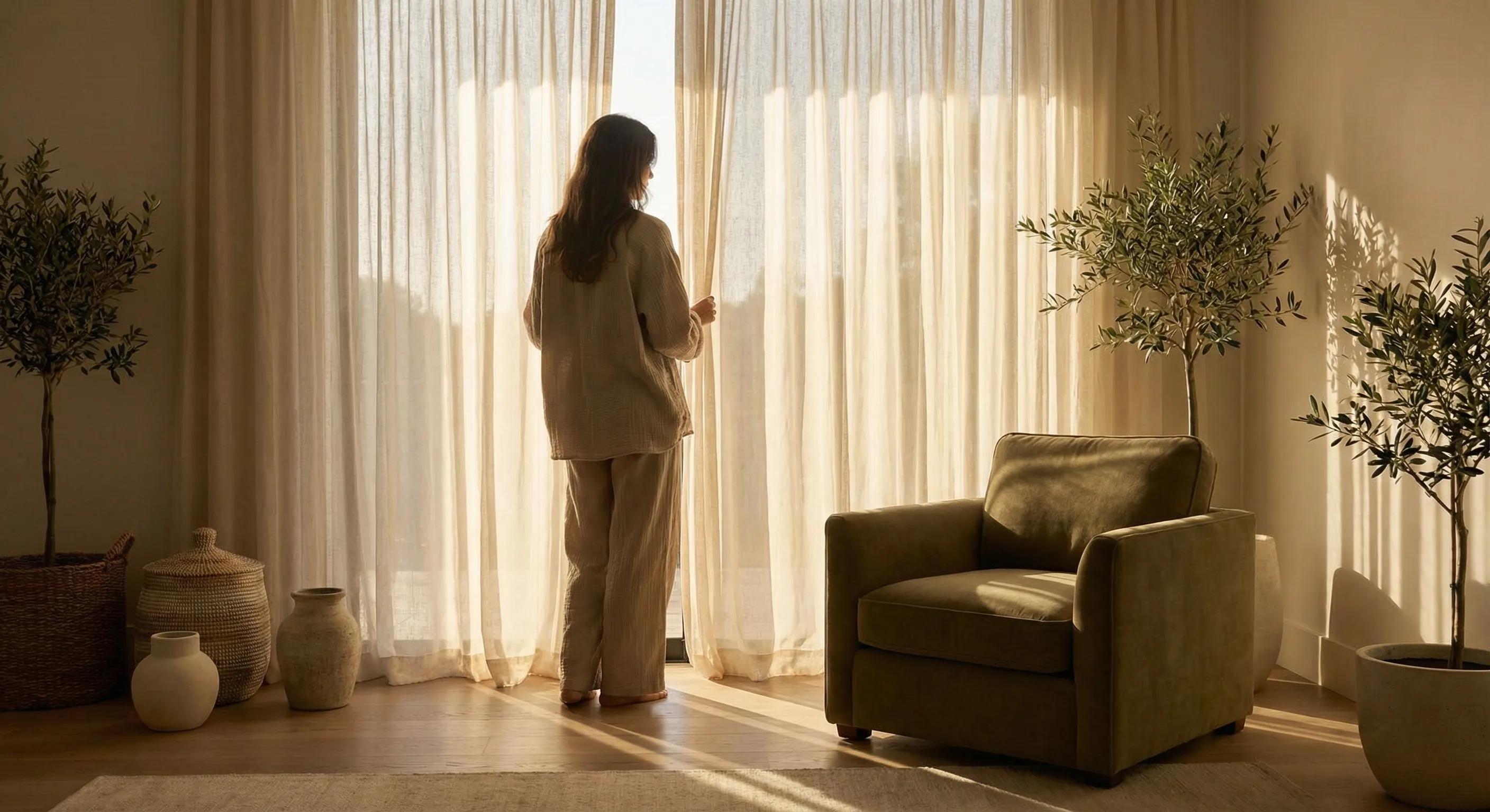 Woman in sunlit living room with sheer curtains