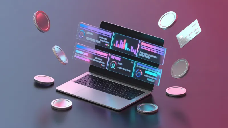 Futuristic laptop with holographic crypto dashboard