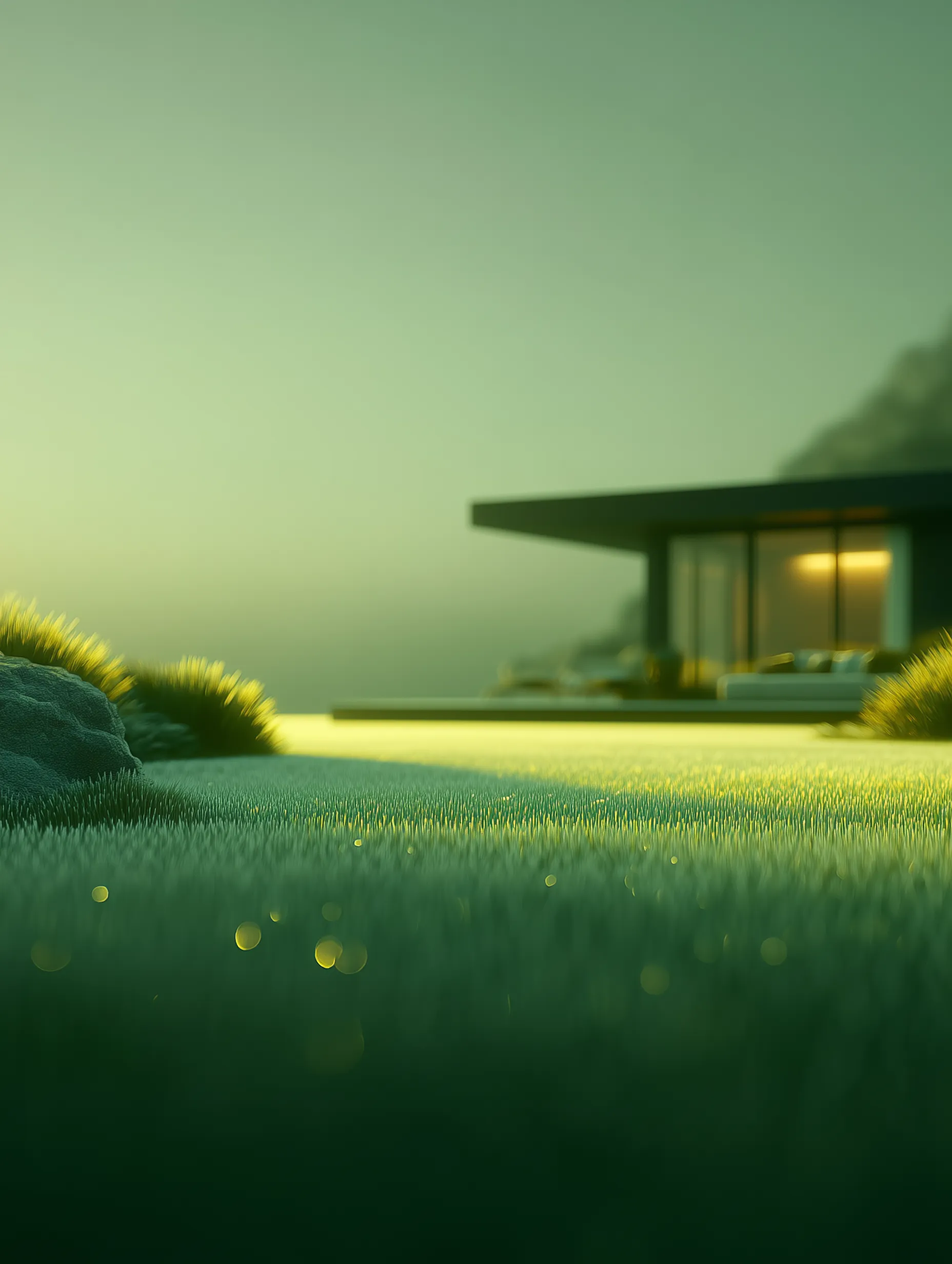 Modern house at dawn overlooking green lawn