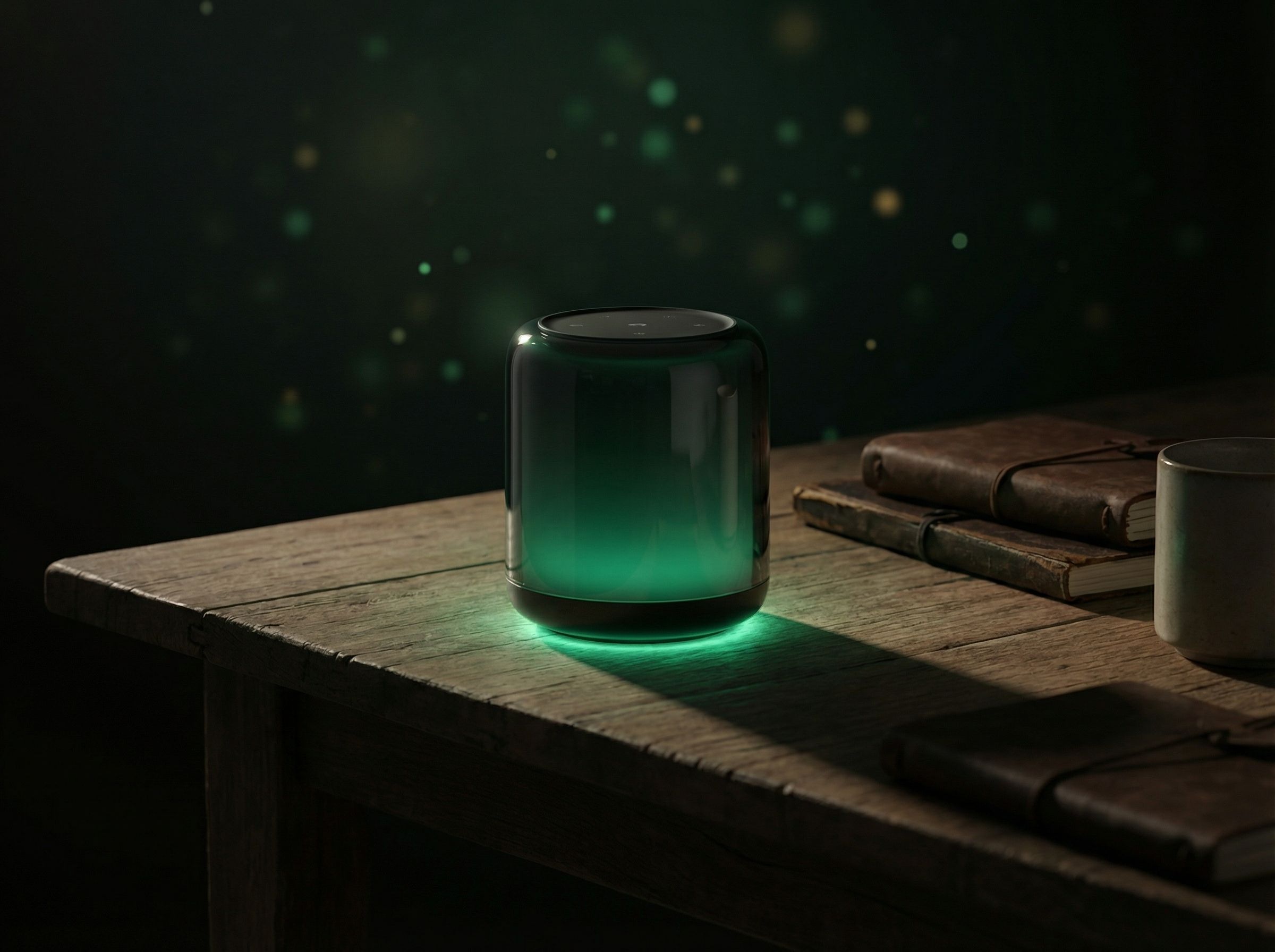 Glowing smart speaker on rustic wooden table