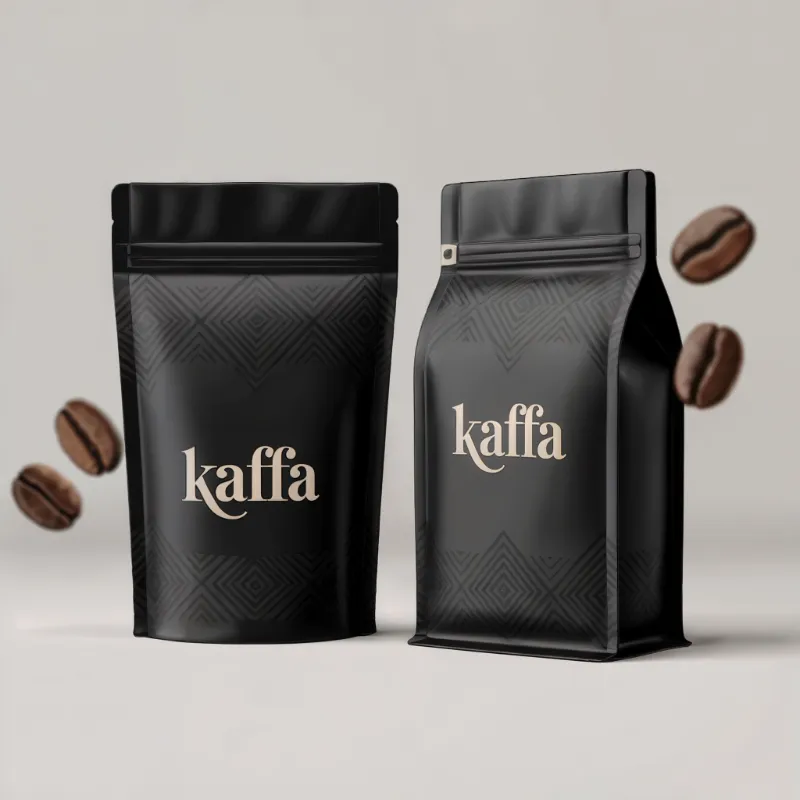 Bolsas de café negras con granos flotando