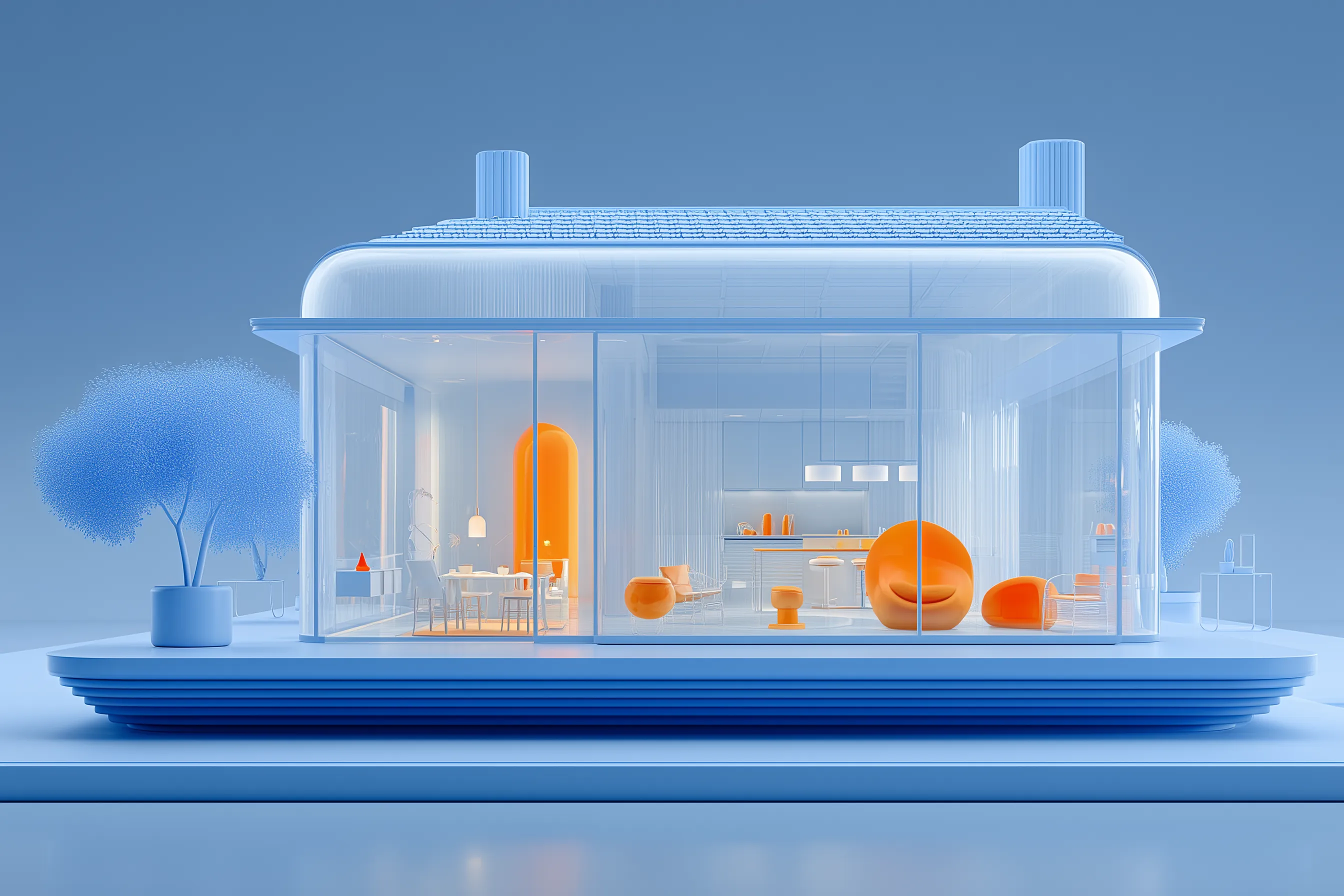 Futuristic glass house with orange interior