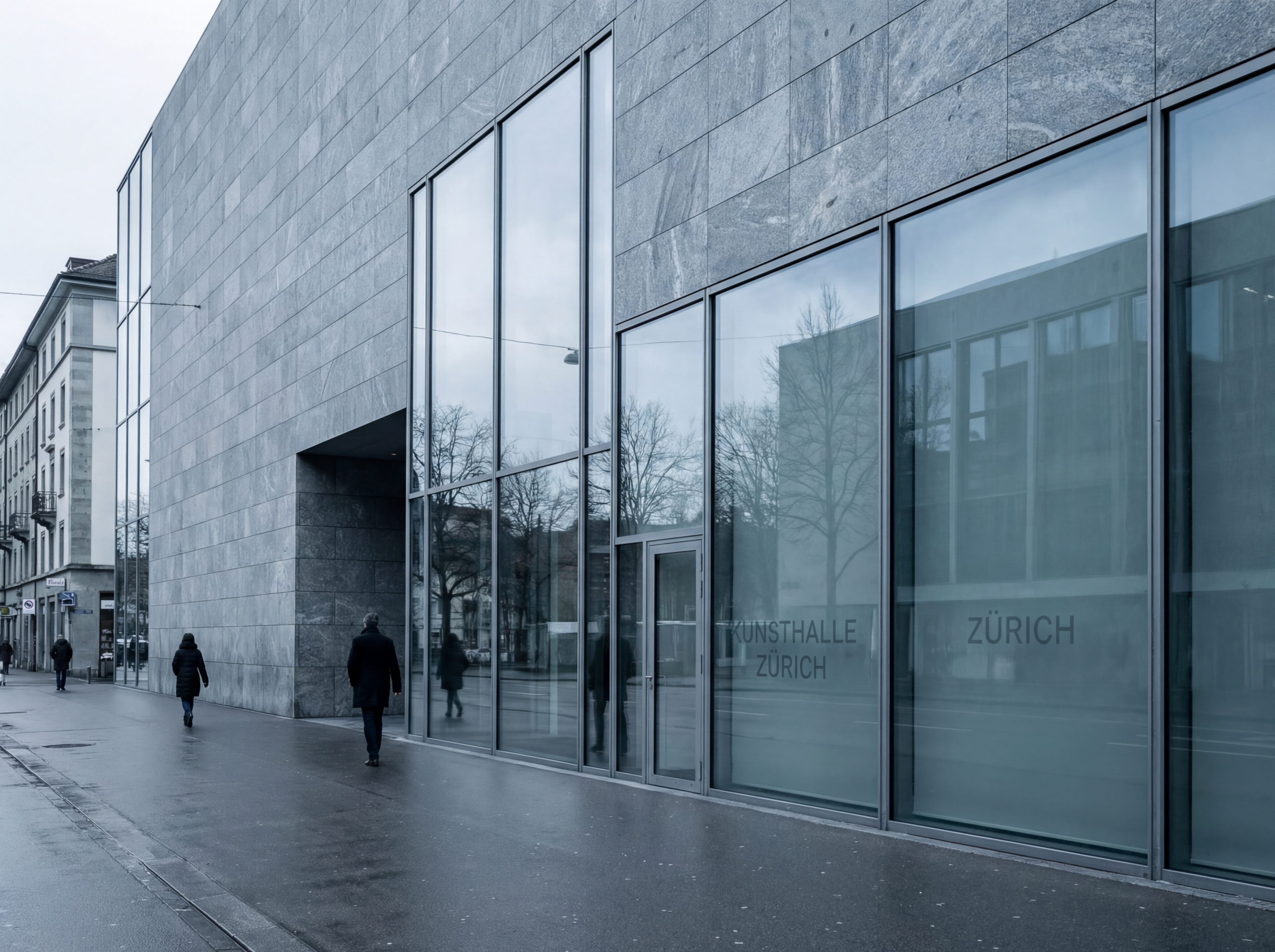 Modern Kunsthalle Zürich exterior on rainy day