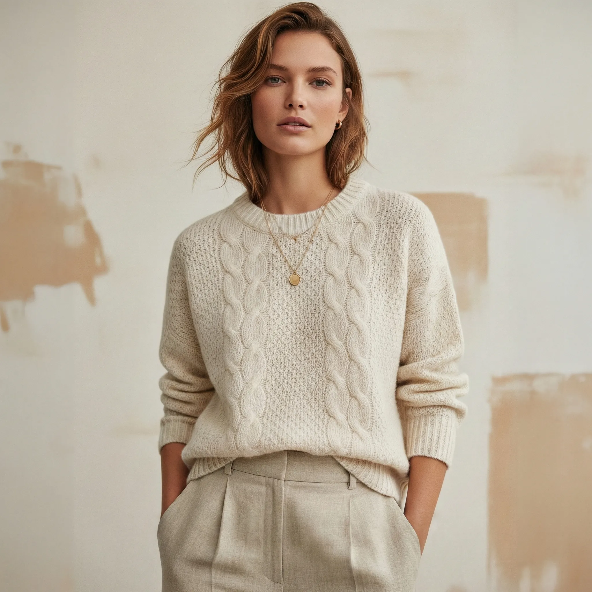Woman in cream cable knit sweater and trousers