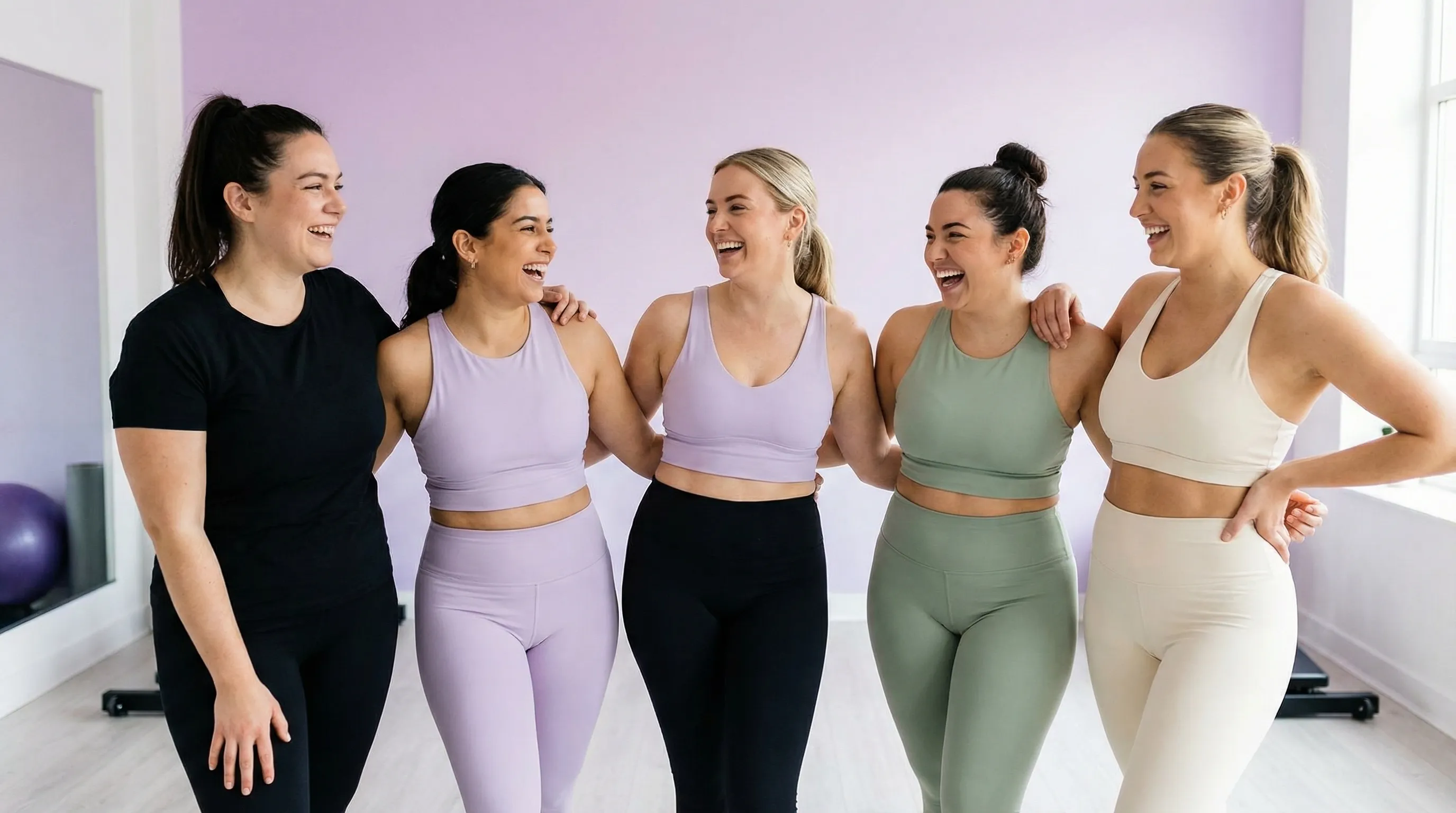 Group of women laughing in fitness studio