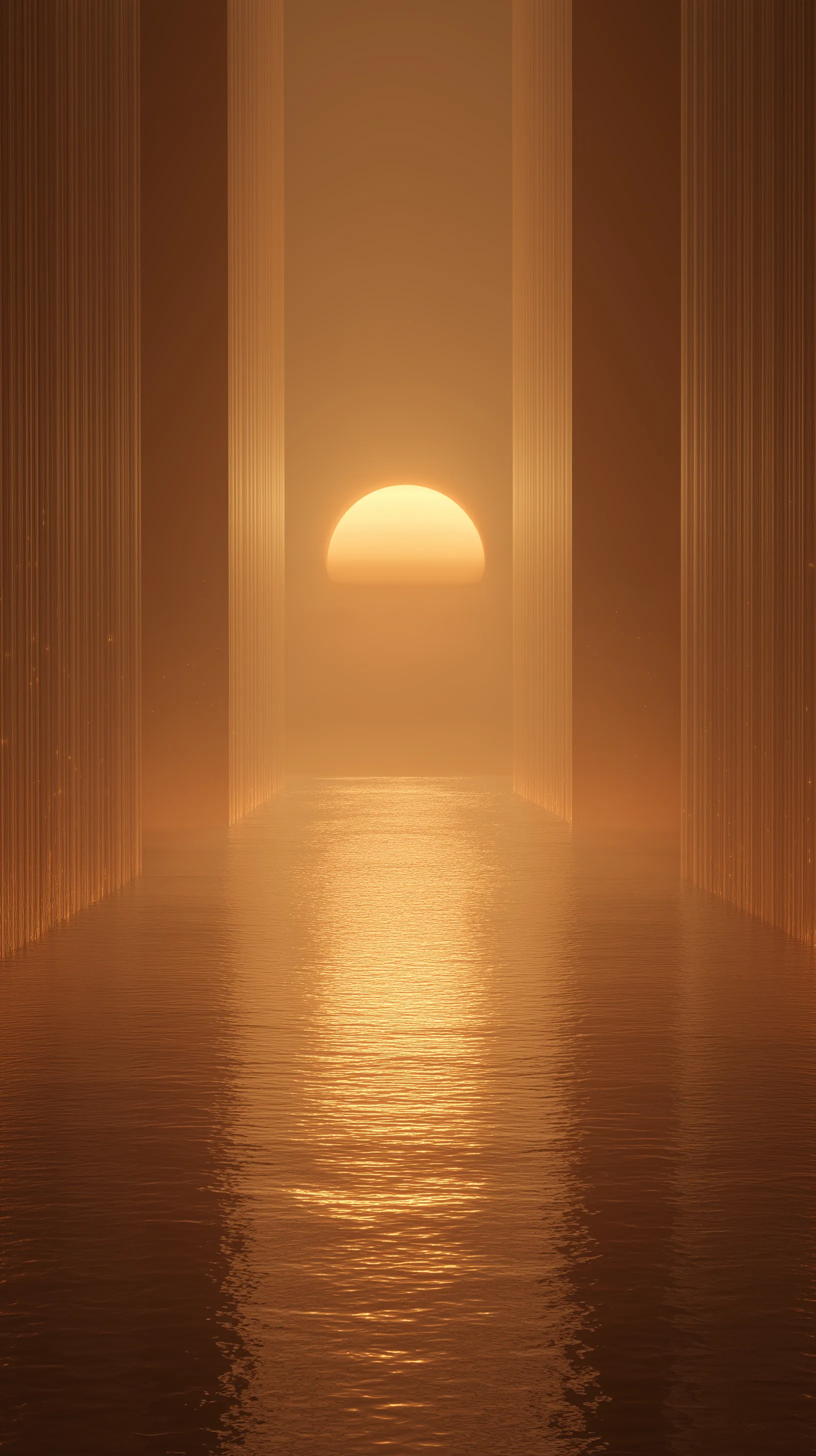 Golden Sunset Horizon Between Monolithic Pillars