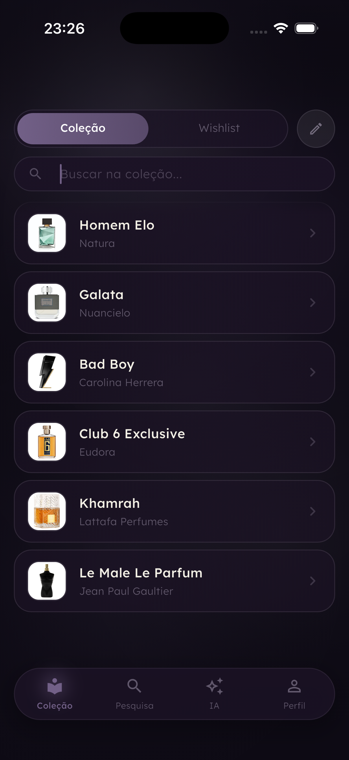 Tela de coleção digital de fragrâncias no app Scencia